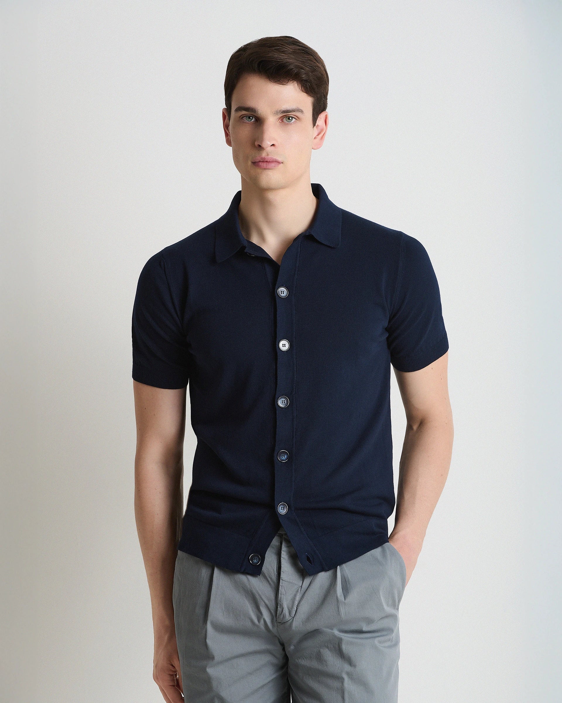 Giacca Camicia blu manica corta in puro cotone crepe