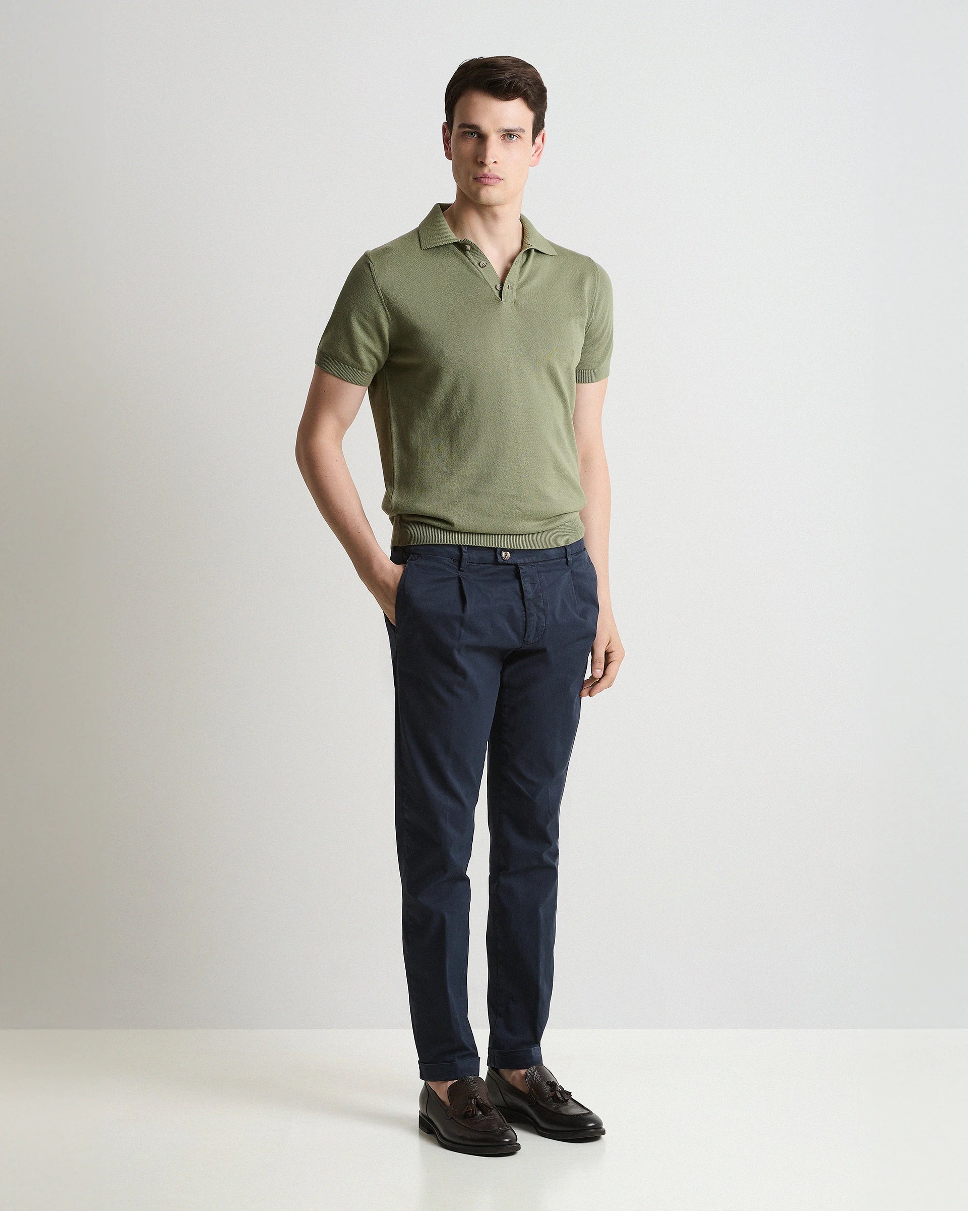 Pantalone in cotone e tencel stretch blu tinto in capo