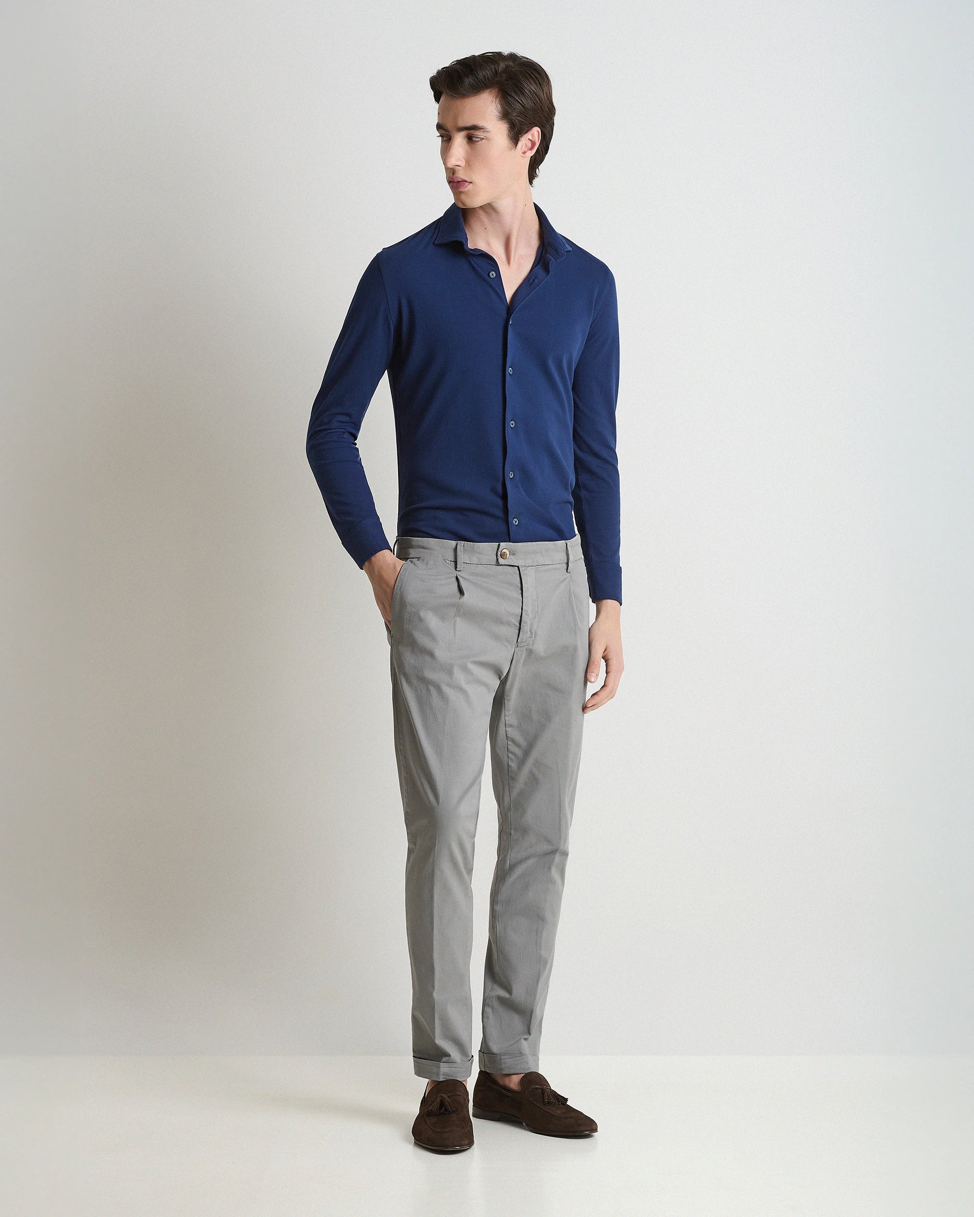 Pantalone in cotone e tencel stretch grigio tinto in capo