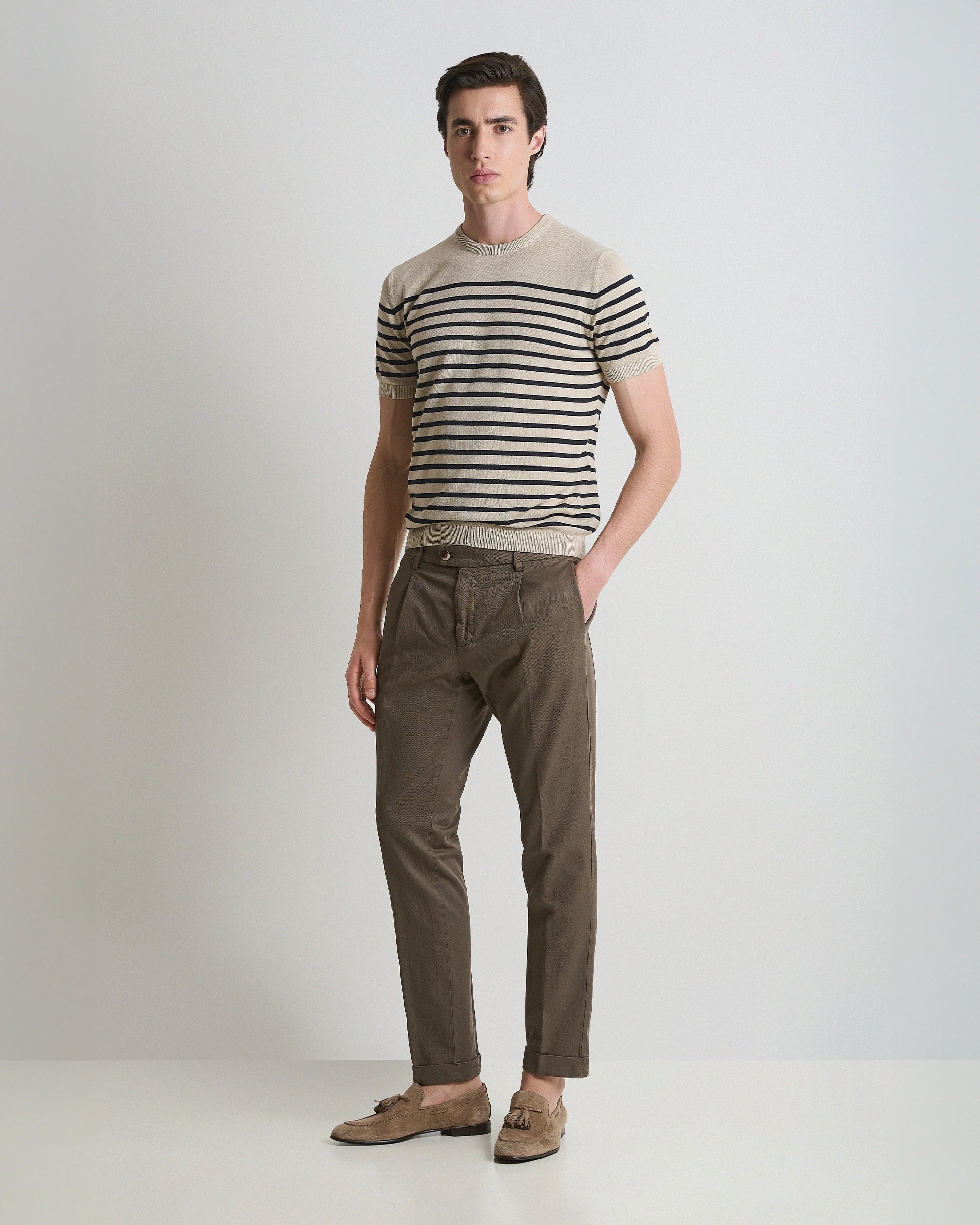 Pantalone in lino e cotone marrone tinto in capo