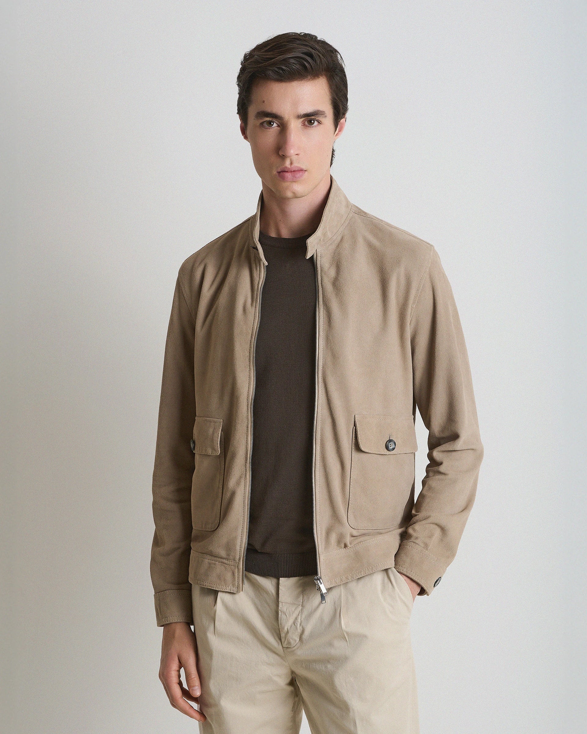 Bomber Full Zip beige in camoscio nappato
