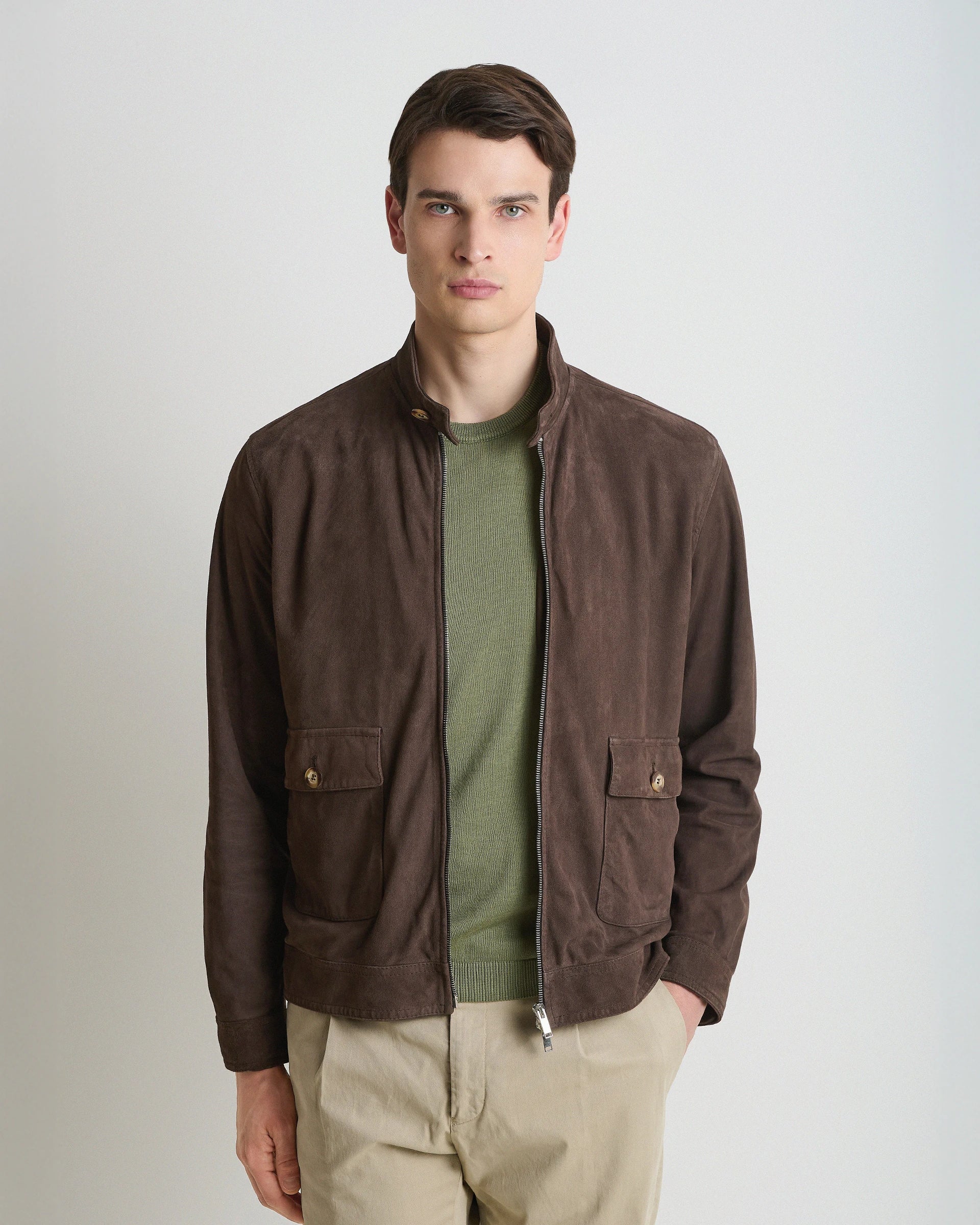 Bomber Full Zip moro in camoscio nappato