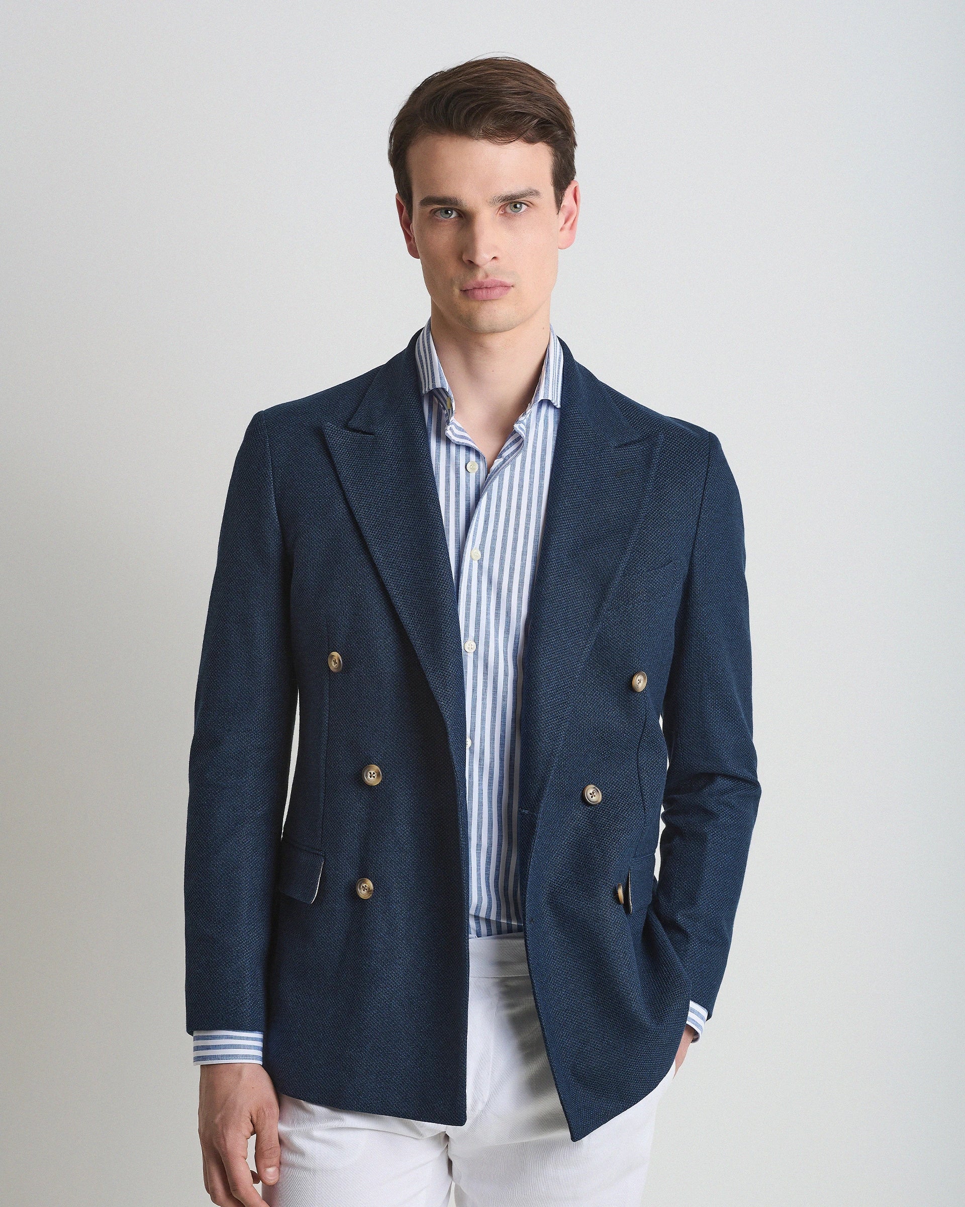 Double-breasted Blue Jacket in pure cotton Maggia fabric
