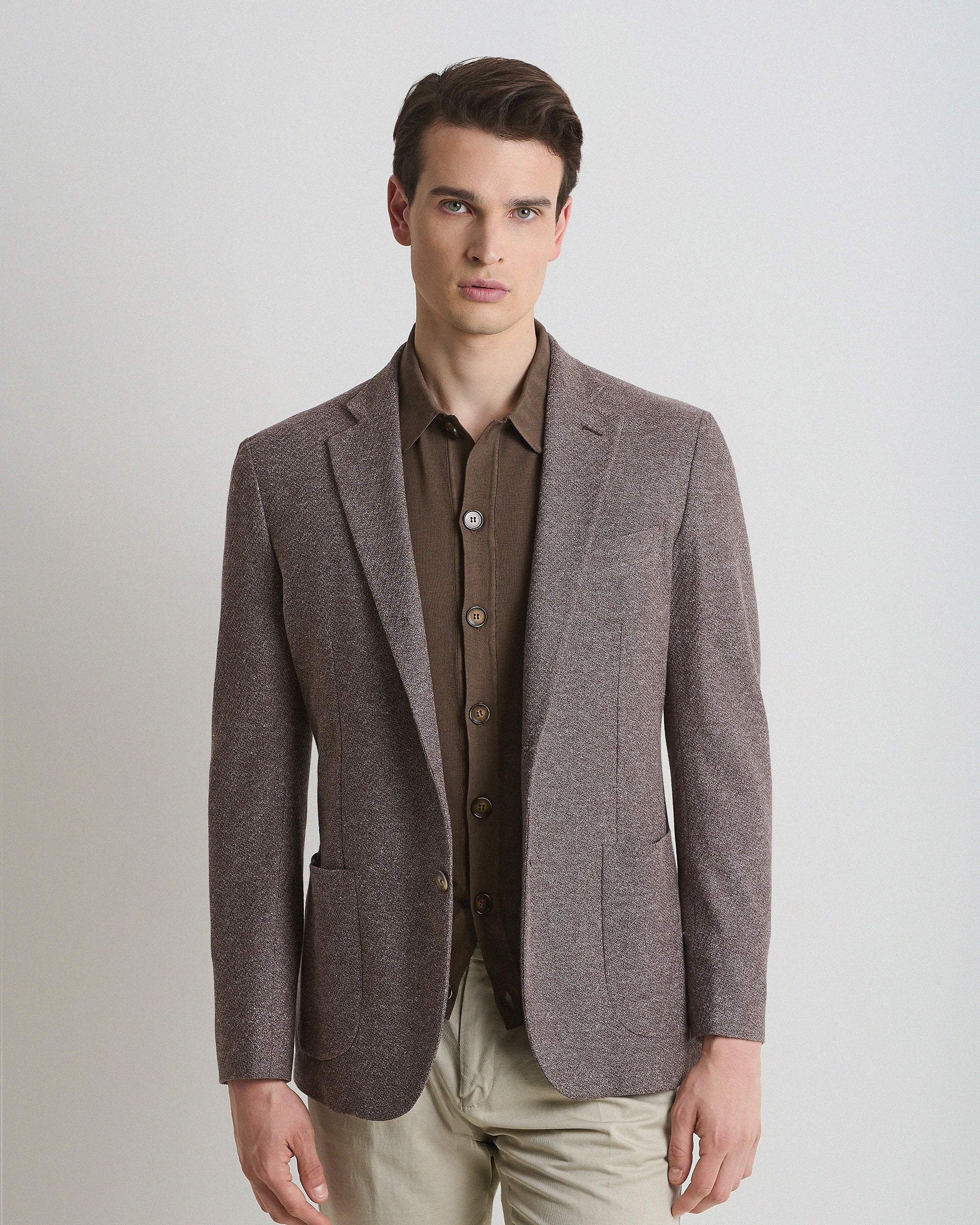 Giacca beige Principe di Galles crosshatch in pura lana tessuto Vitale Barberis e Canonico