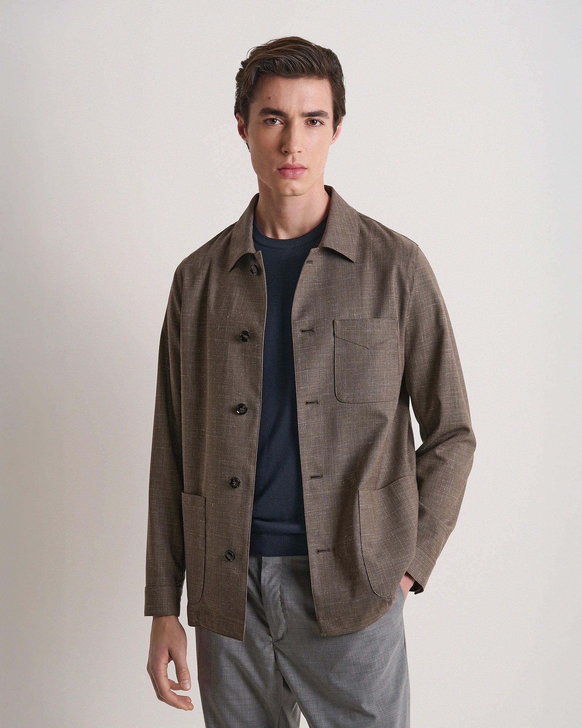 Shirt Jacket tortora in lana seta e lino