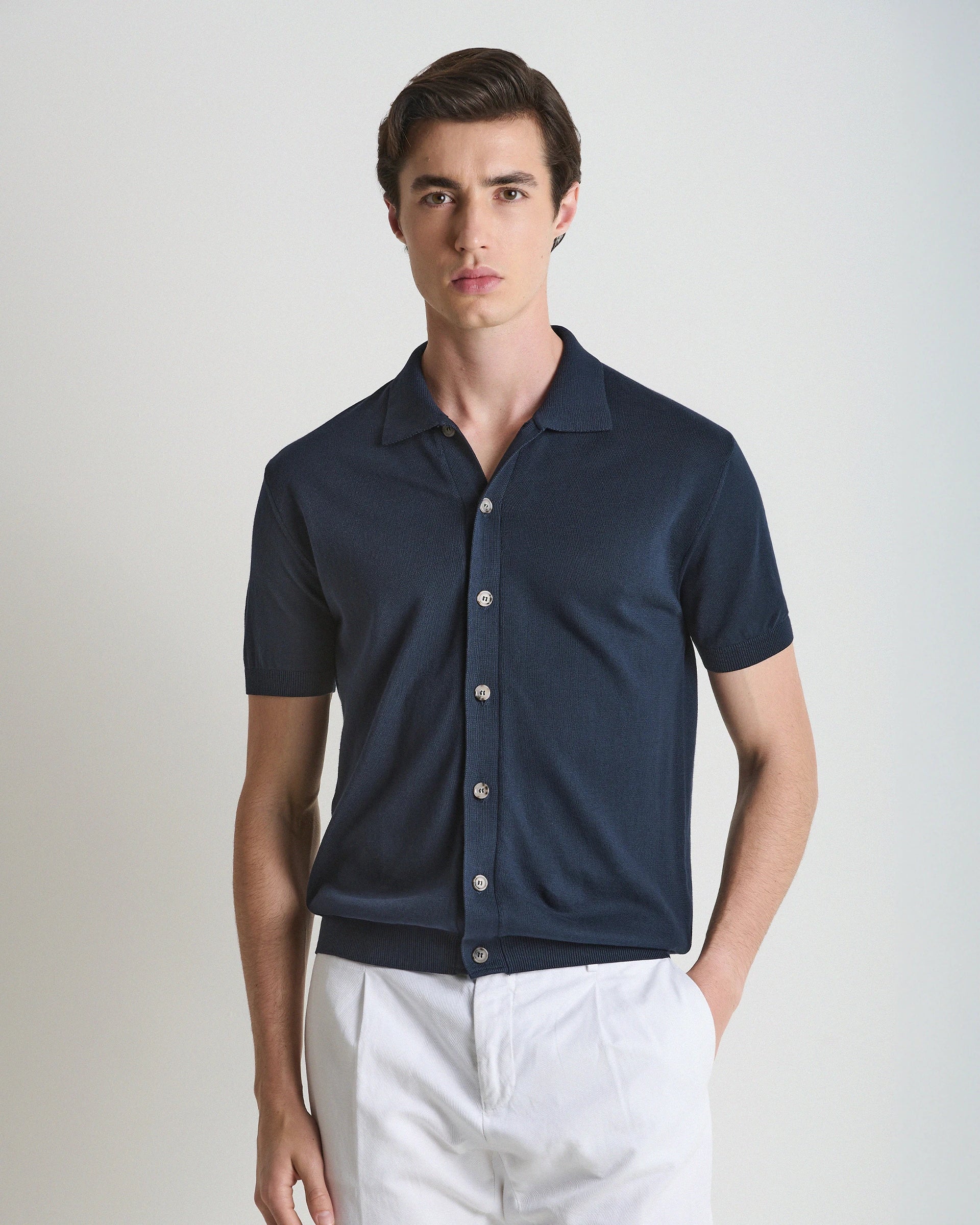 Camicia 7 bottoni manica corta blu in puro cotone