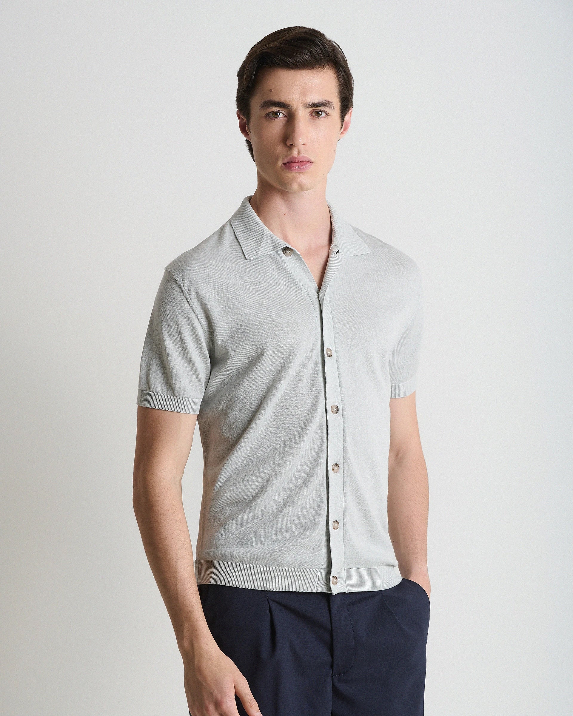 Camicia 7 bottoni manica corta perla in puro cotone