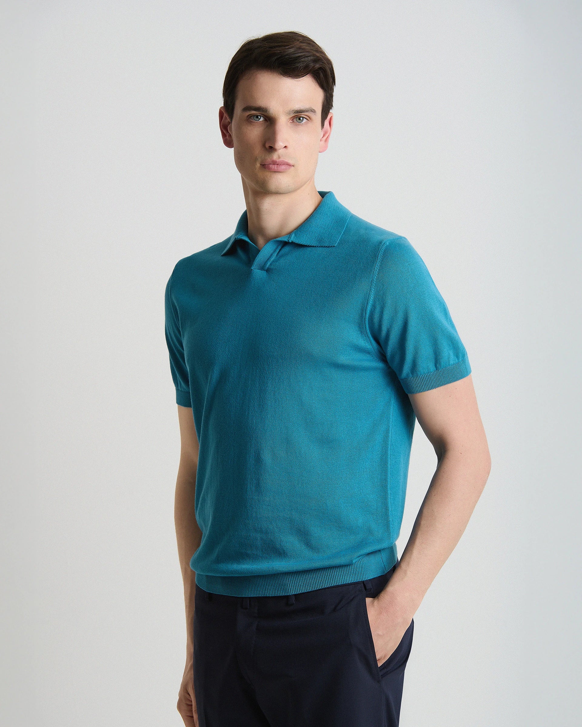 Polo derby manica corta ottanio in puro cotone