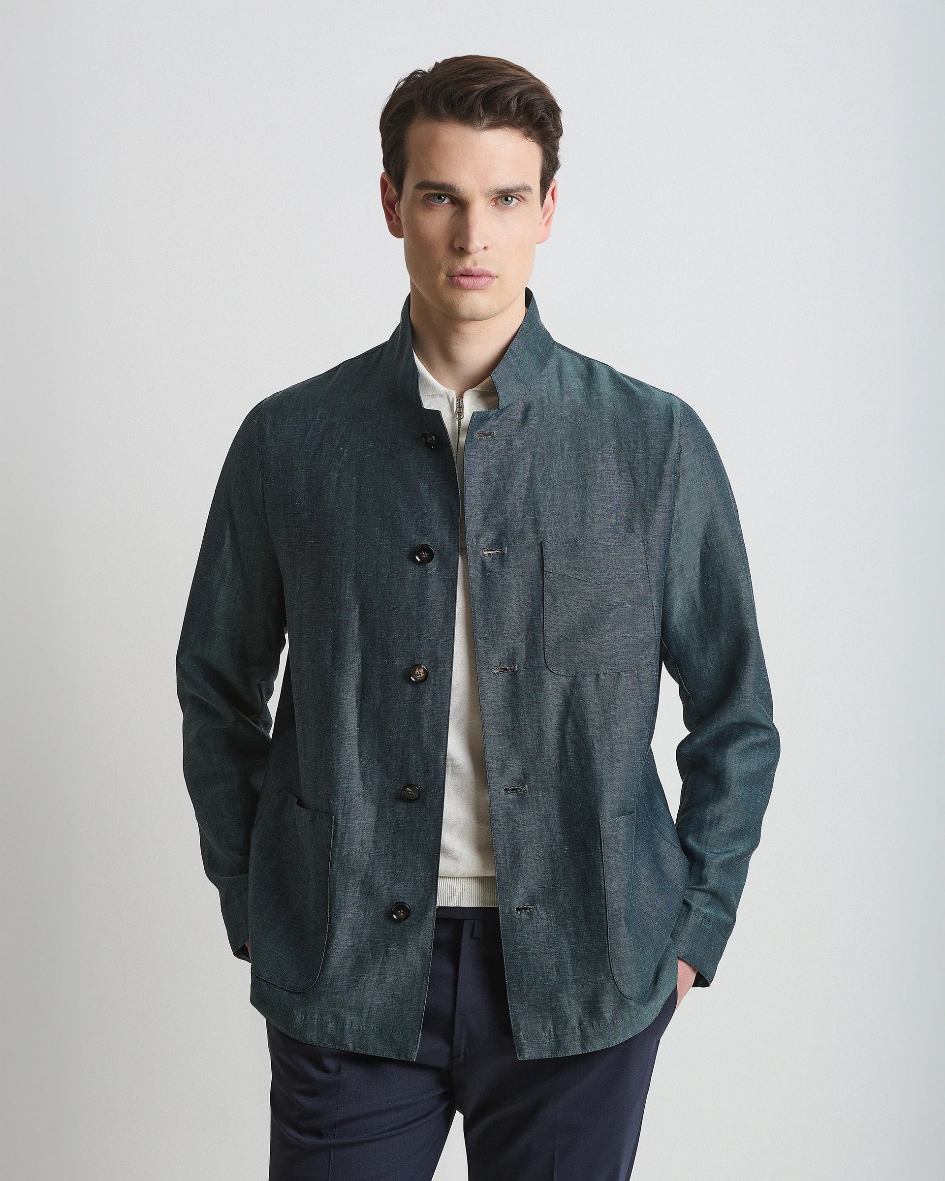 Overshirt verde in lana e lino melange del lanificio zignone