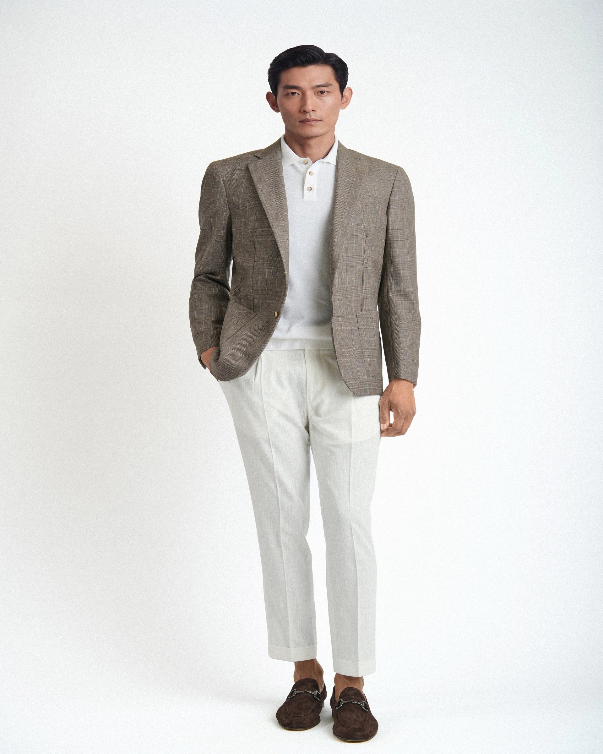 Giacca beige Principe di Galles crosshatch in pura lana tessuto Vitale Barberis e Canonico