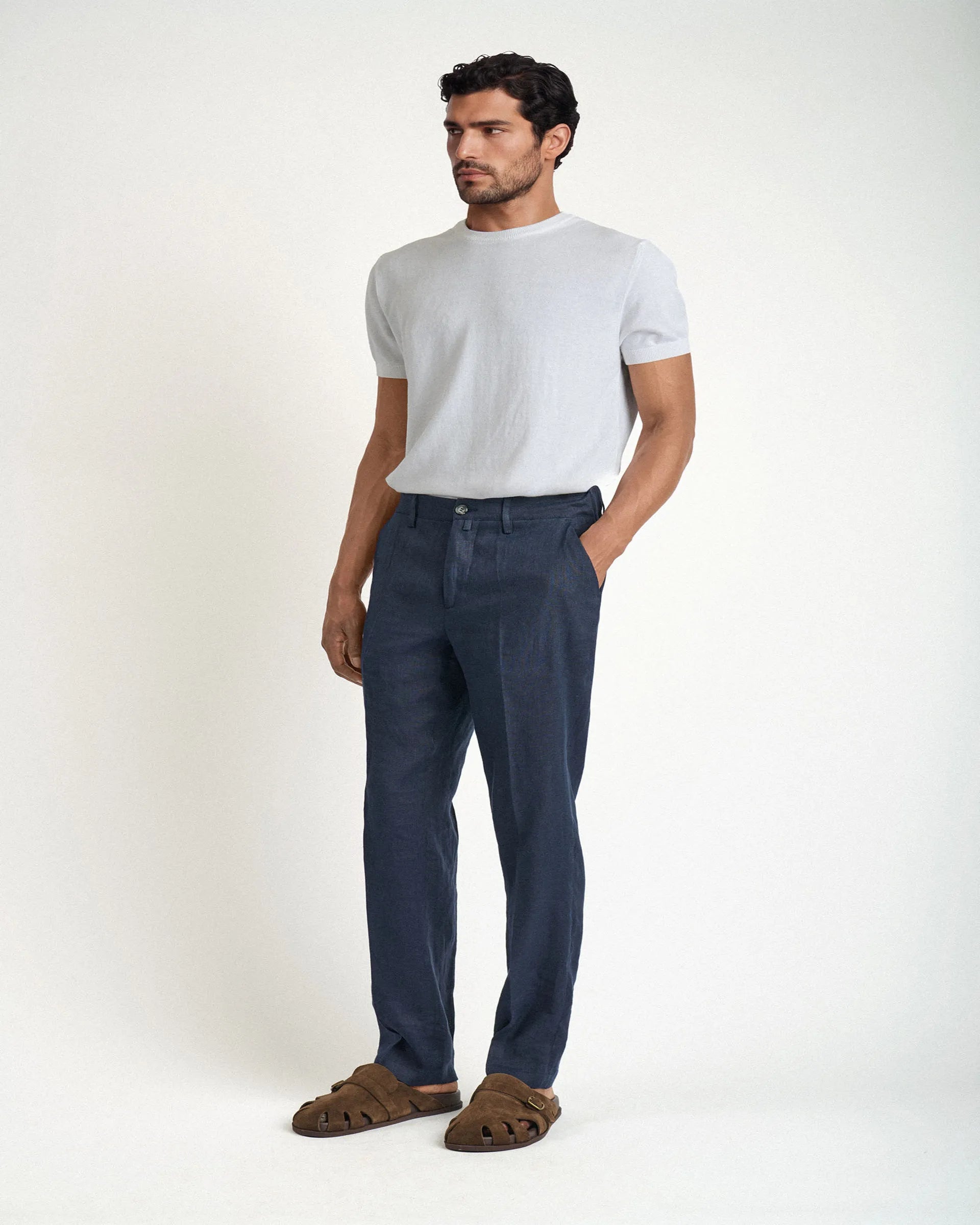 Pantalone carrot  Flex Waist blu in puro lino