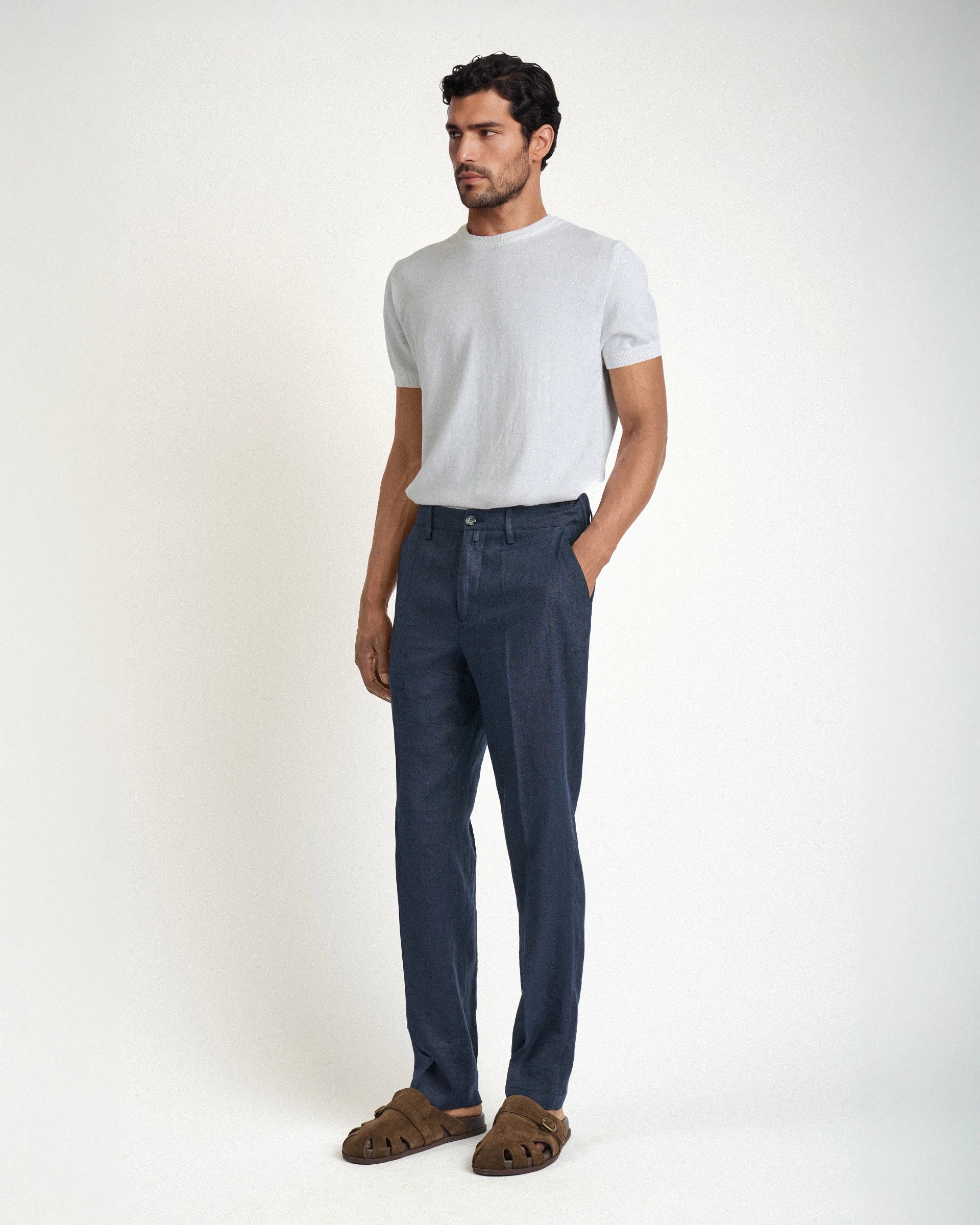Pantalone carrot  Flex Waist blu in puro lino