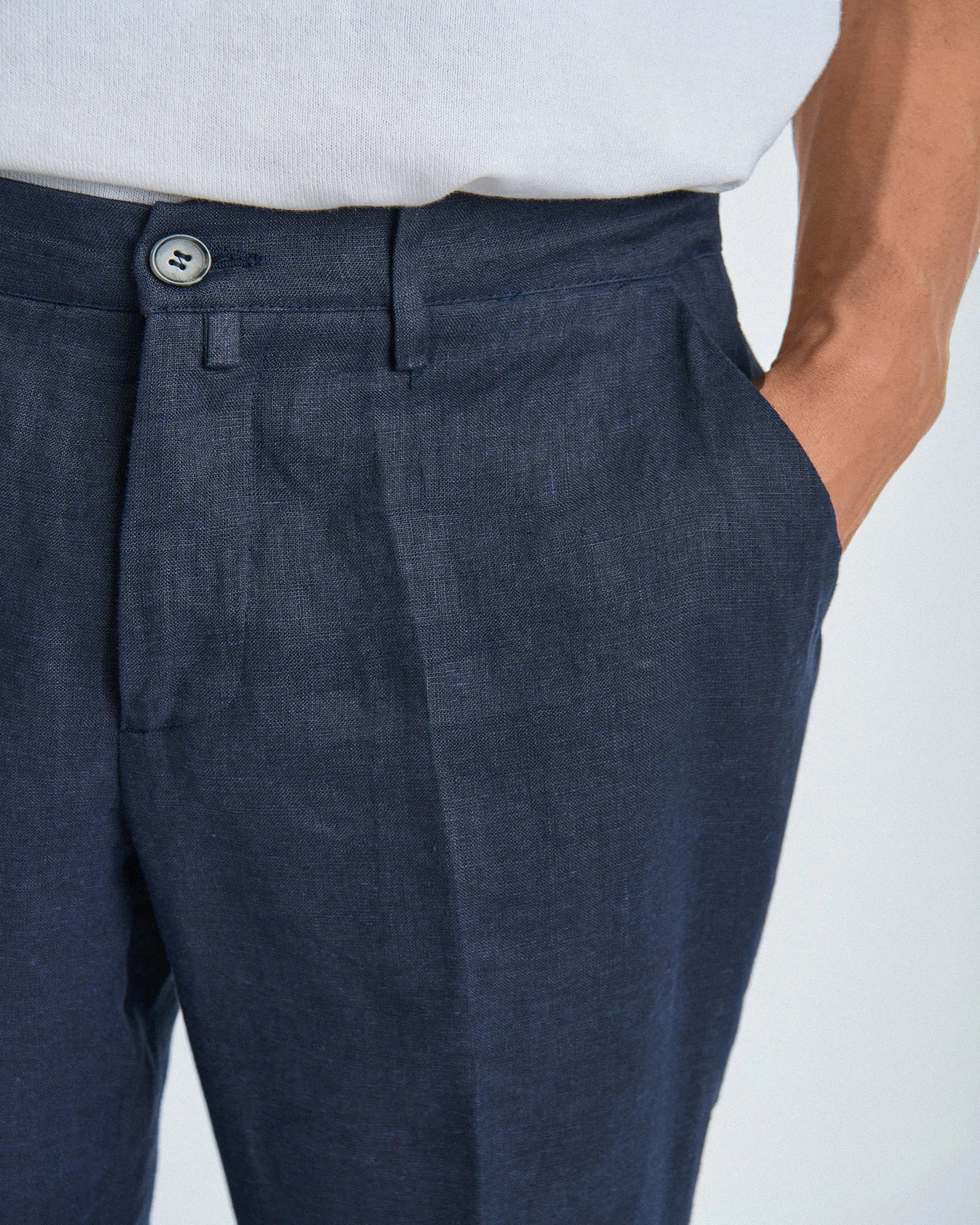 Pantalone carrot  Flex Waist blu in puro lino