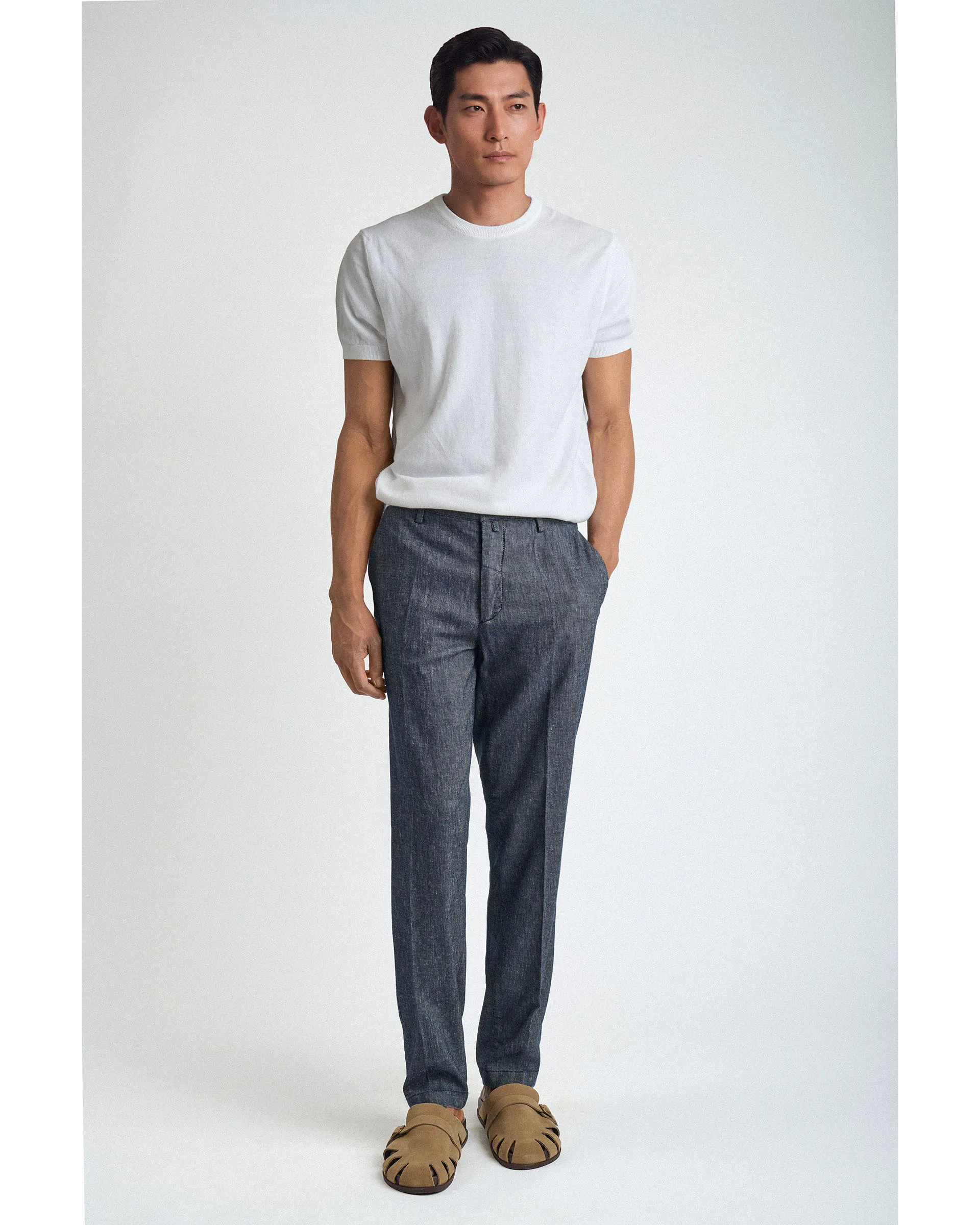 Pantalone carrot Flex Waist grigio in lino e cotone stretch