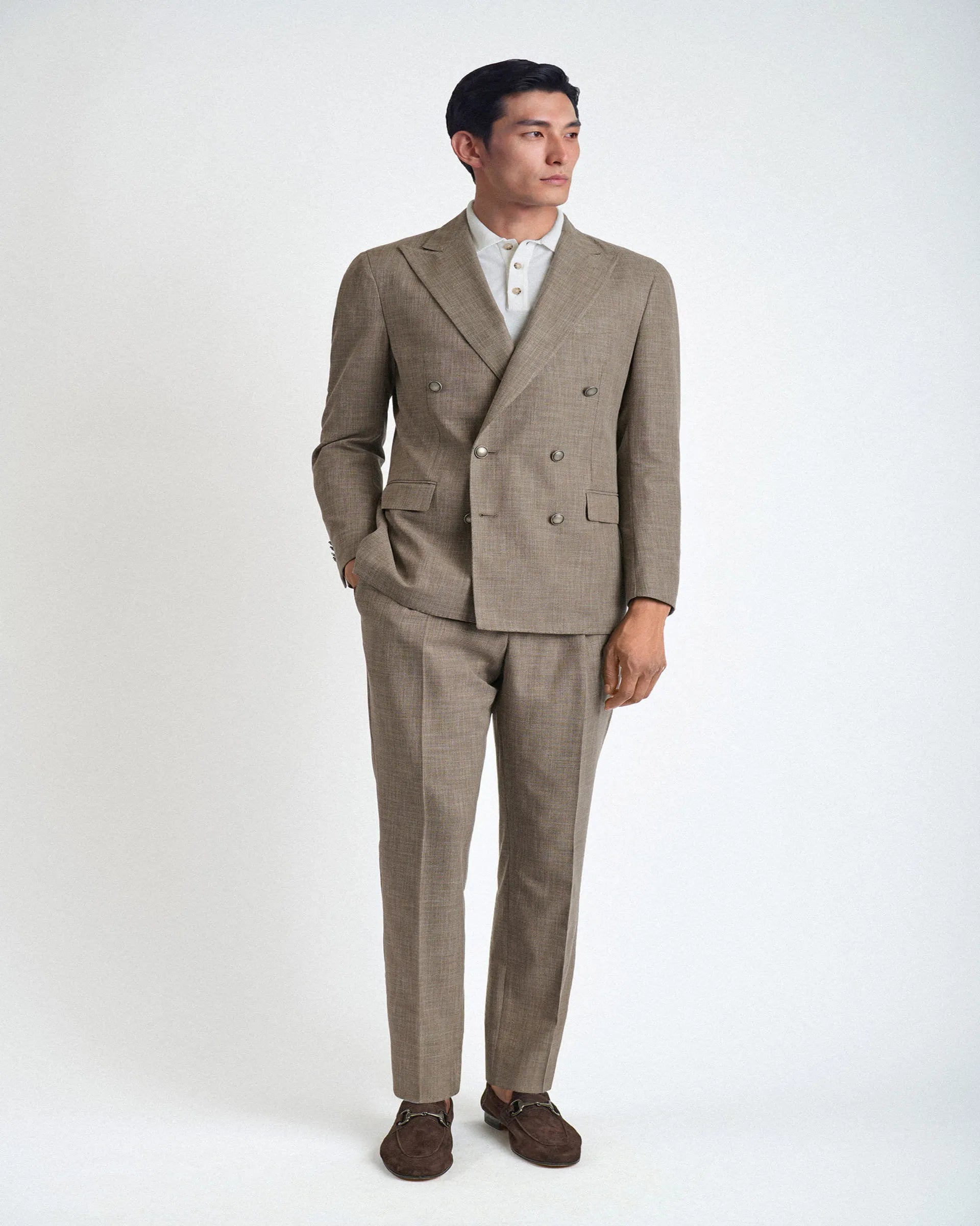 Abito doppiopetto beige in cotone e lana tessuto Vitale Barberis & Canonico “ Cotton Bloom “