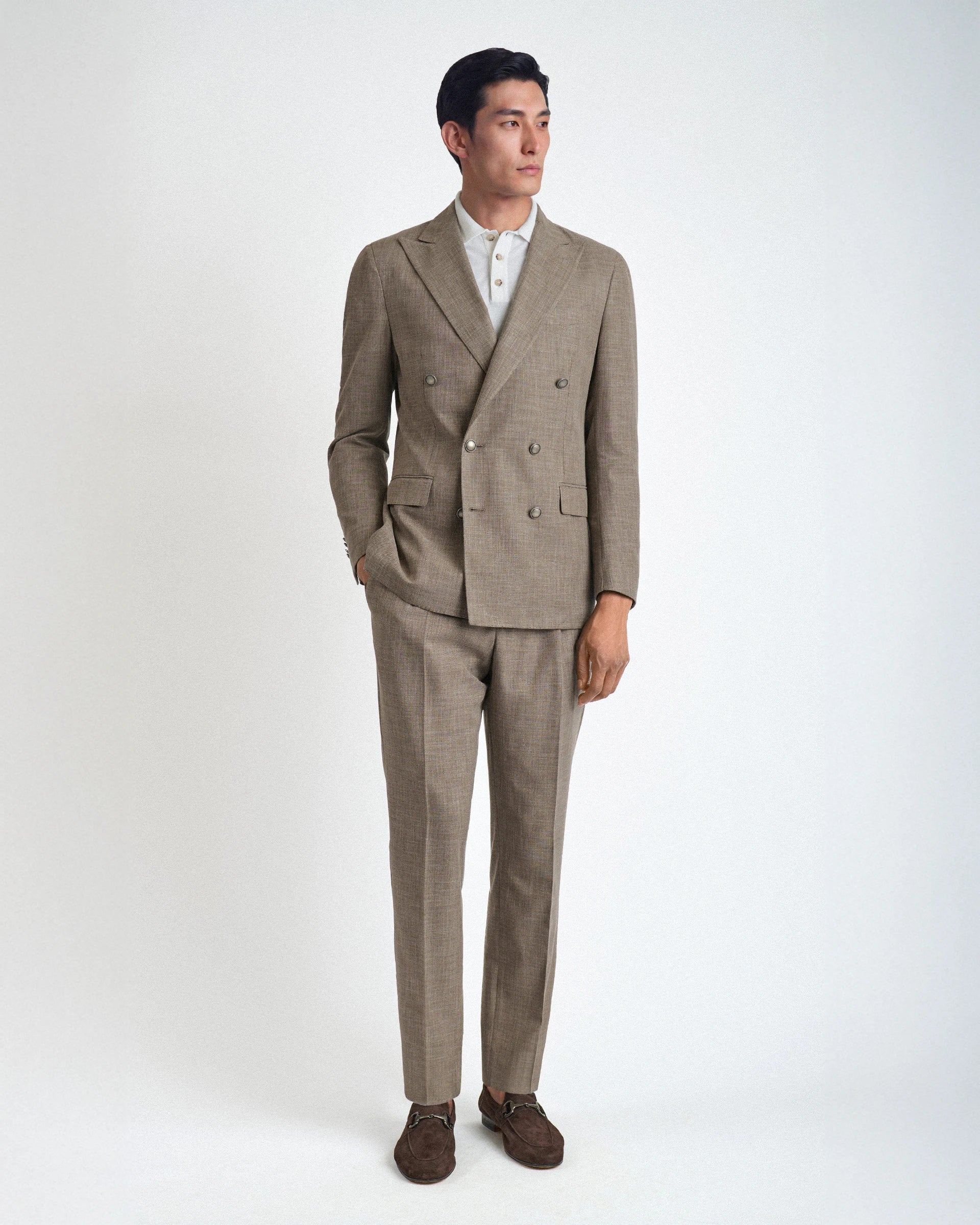 Abito doppiopetto beige in cotone e lana tessuto Vitale Barberis & Canonico “Cotton Bloom“