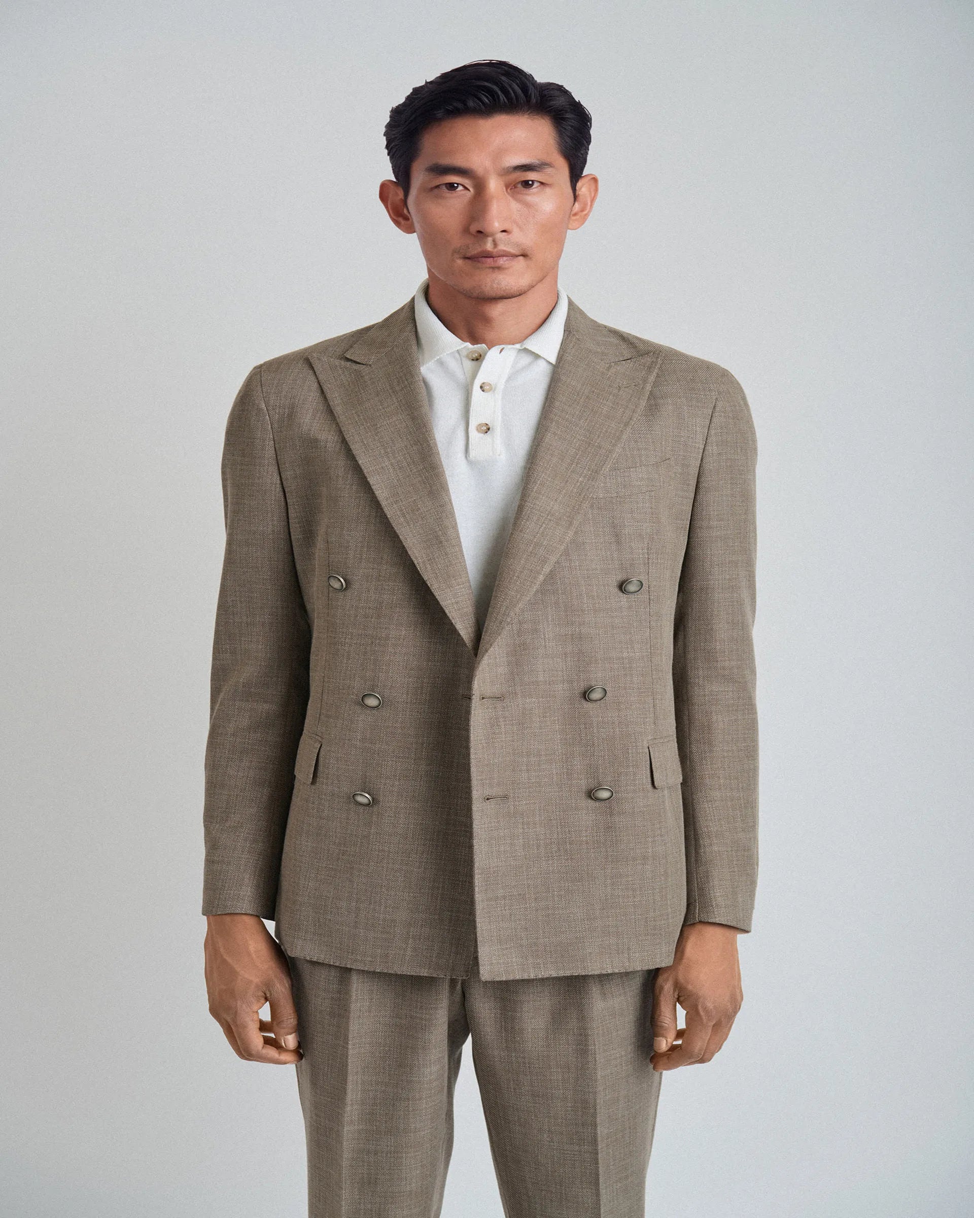 Abito doppiopetto beige in cotone e lana tessuto Vitale Barberis & Canonico “ Cotton Bloom “
