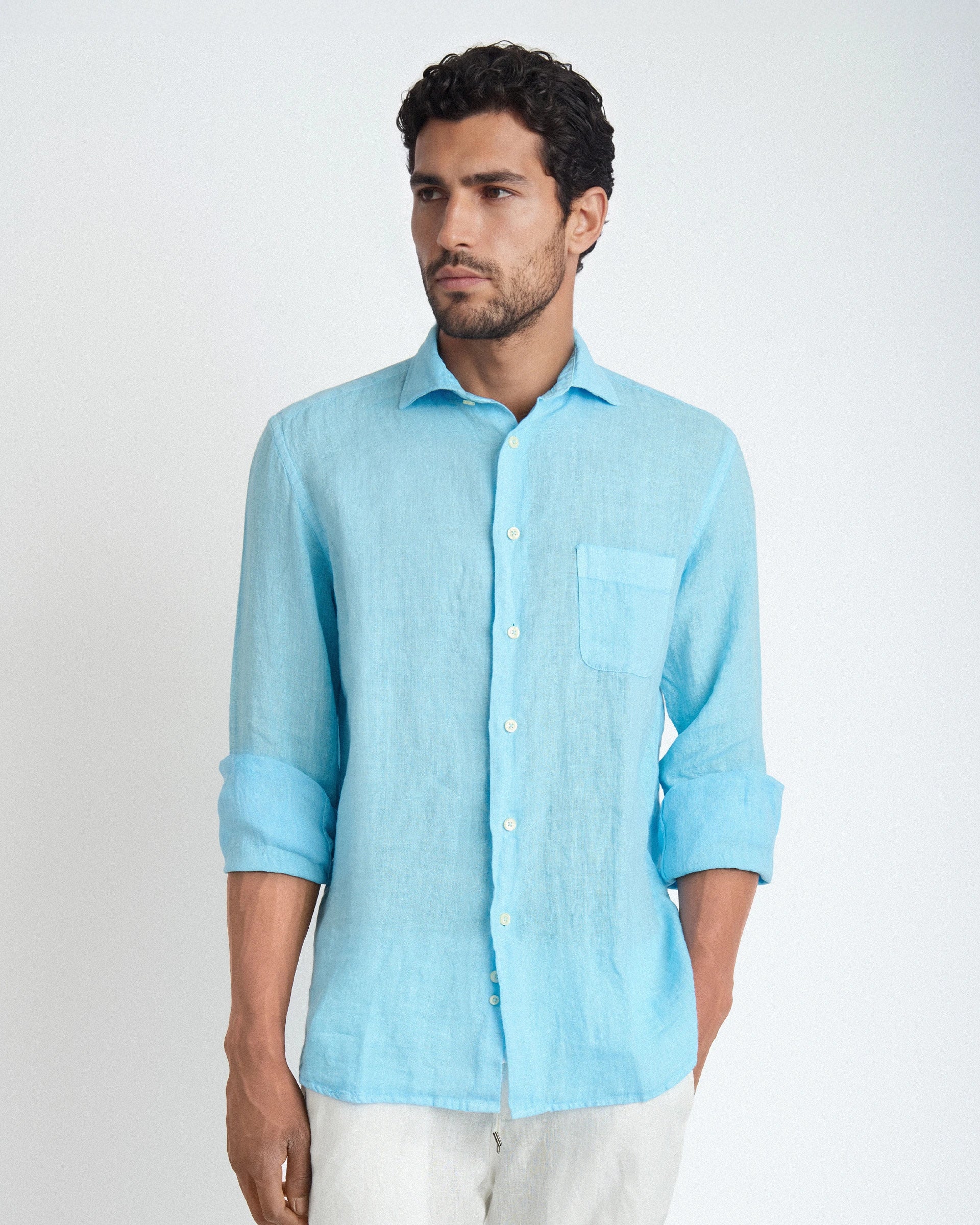 Camicia celeste in puro lino tinto in capo confort fit