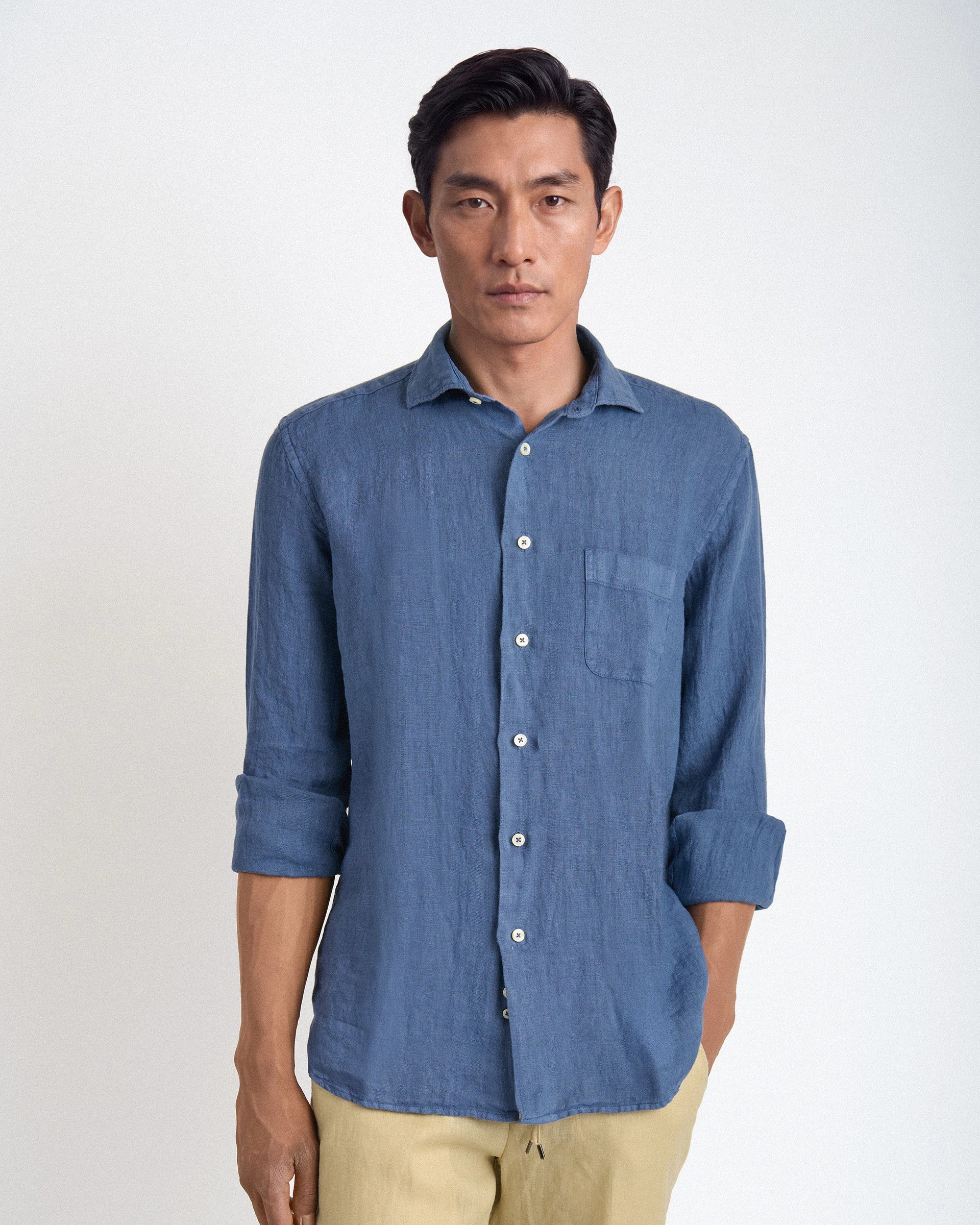 Camicia denim in puro lino tinto in capo comfort fit