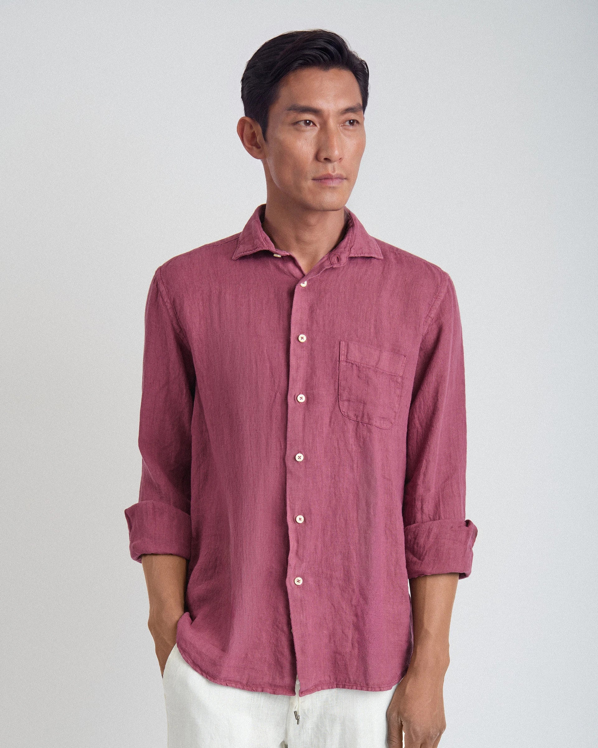Camicia glicine in puro lino tinto in capo confort fit