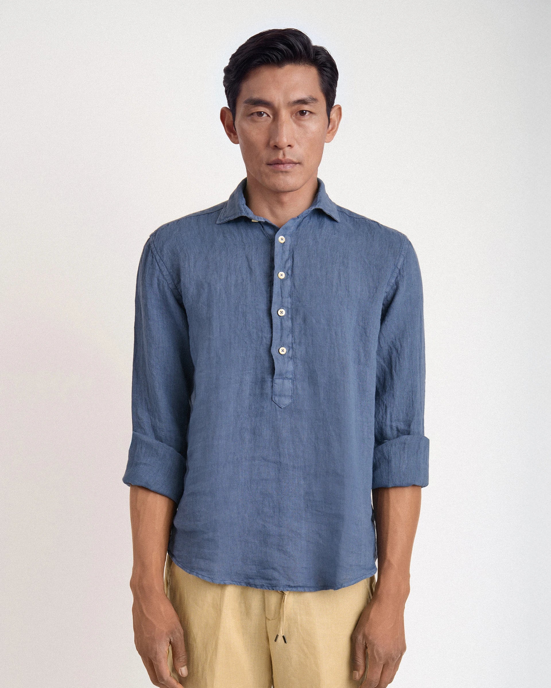 Polo Denim in puro lino Eredipisanò con collo camicia e manica lunga