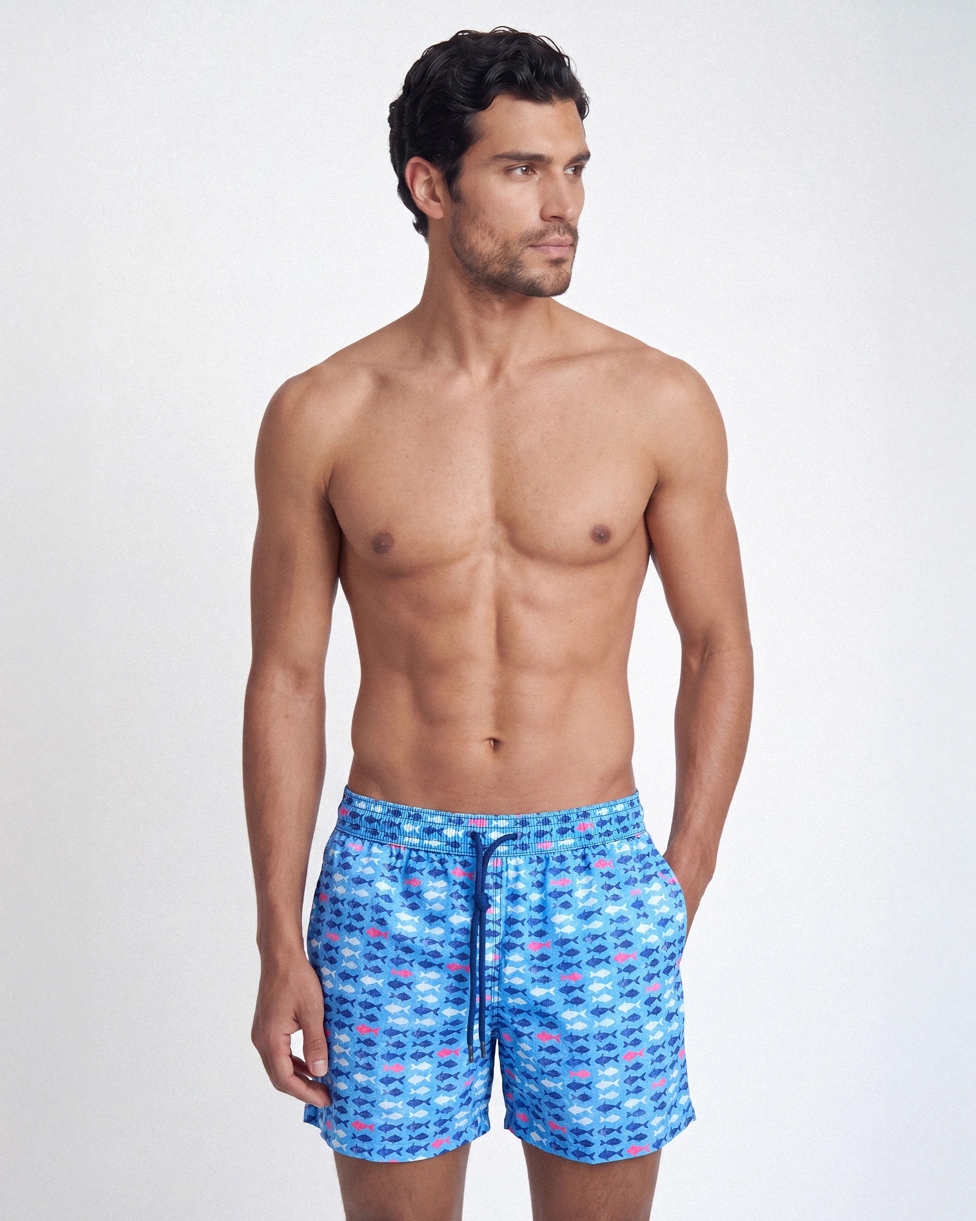 Patterned swimming trunks with marine motifs