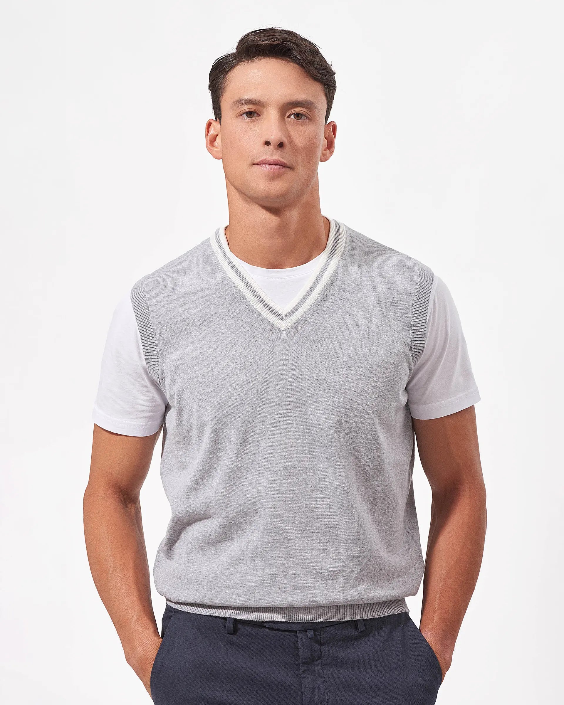 Grey cotton v-neck sweater vest - 12 gauge
