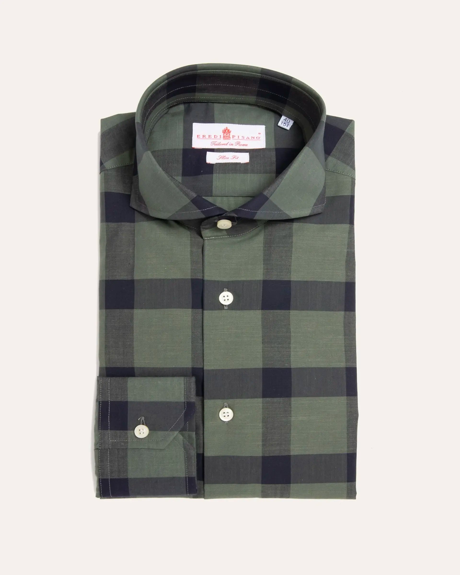 Slim fit green check shirt with cutaway collar