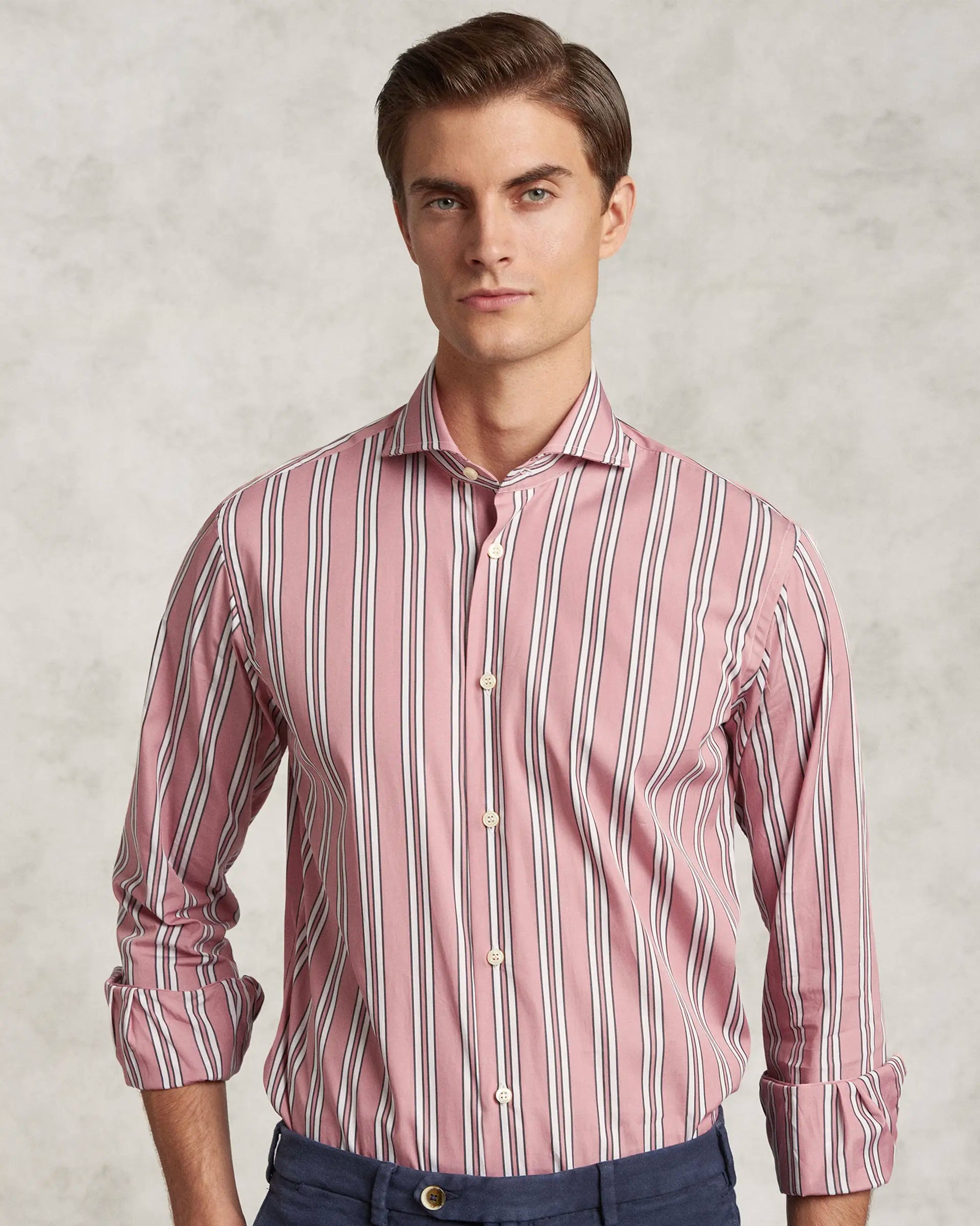 Camicia rigata fondo rosa regular fit collo Venezia