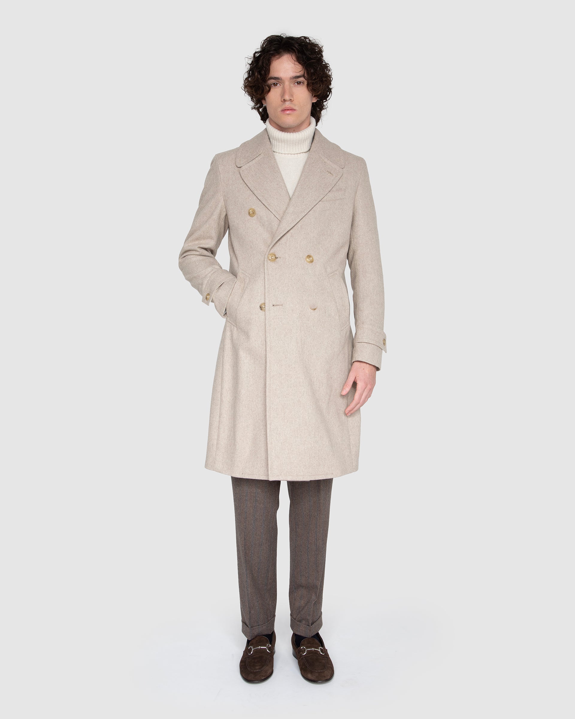 Cappotto doppiopetto beige in lana melange