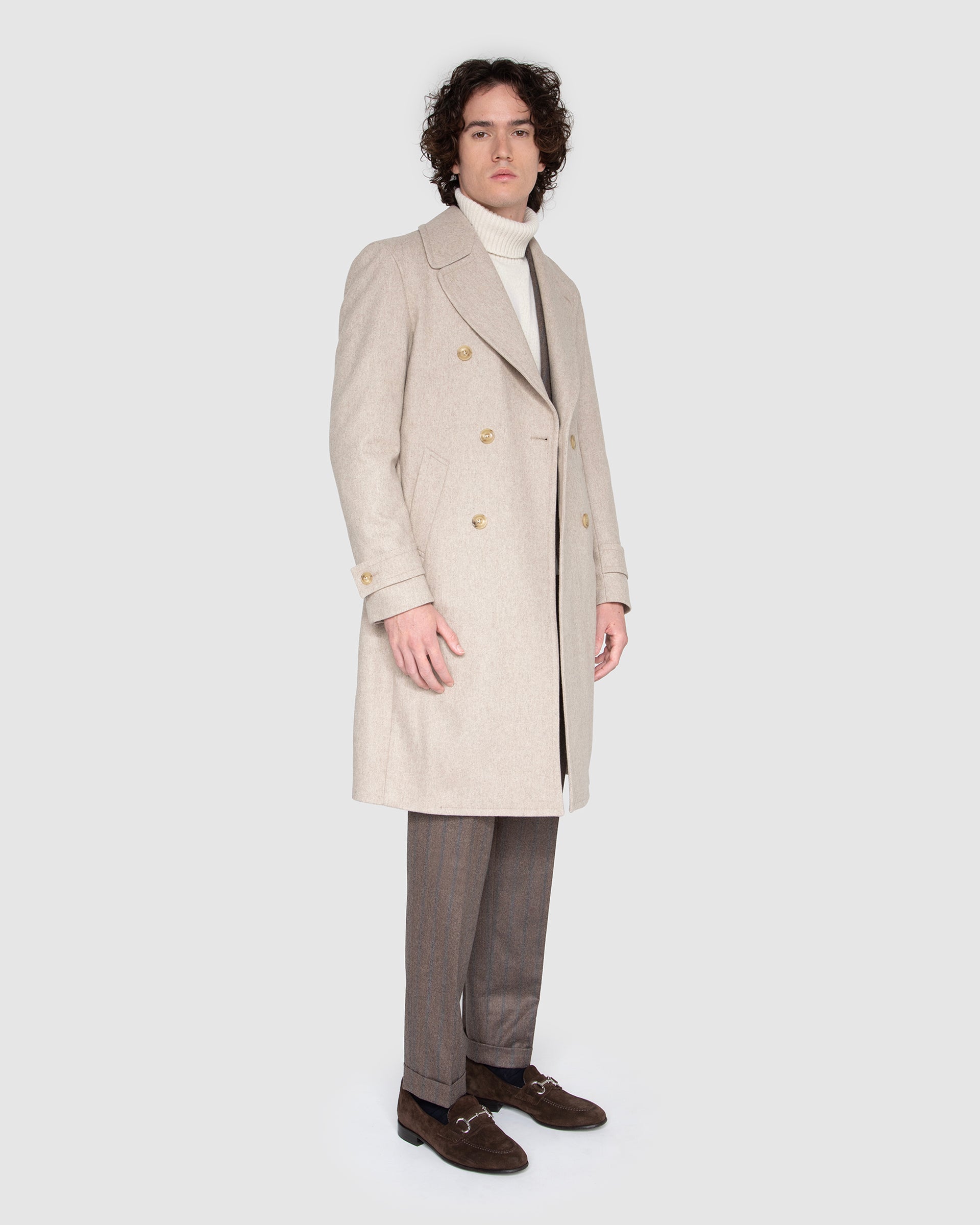 Cappotto doppiopetto beige in lana melange