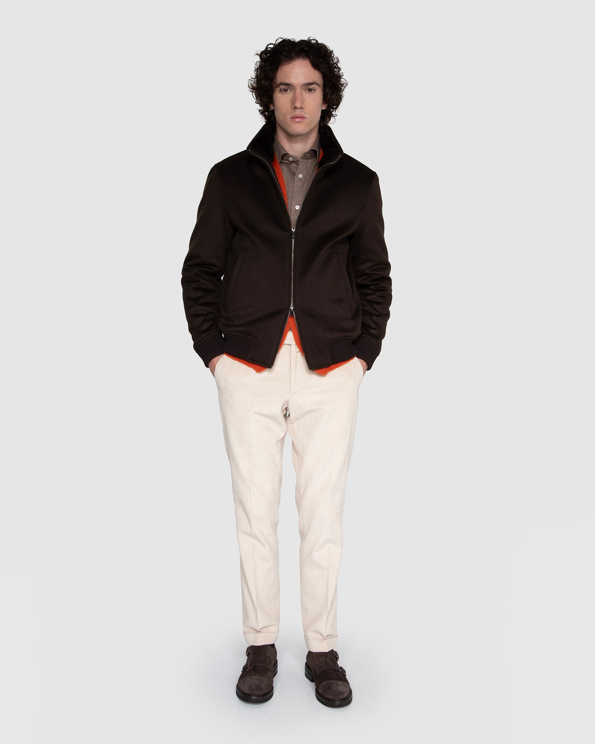 Giubbotto marrone in puro cashmere Breschi con collo in pelliccia removibile