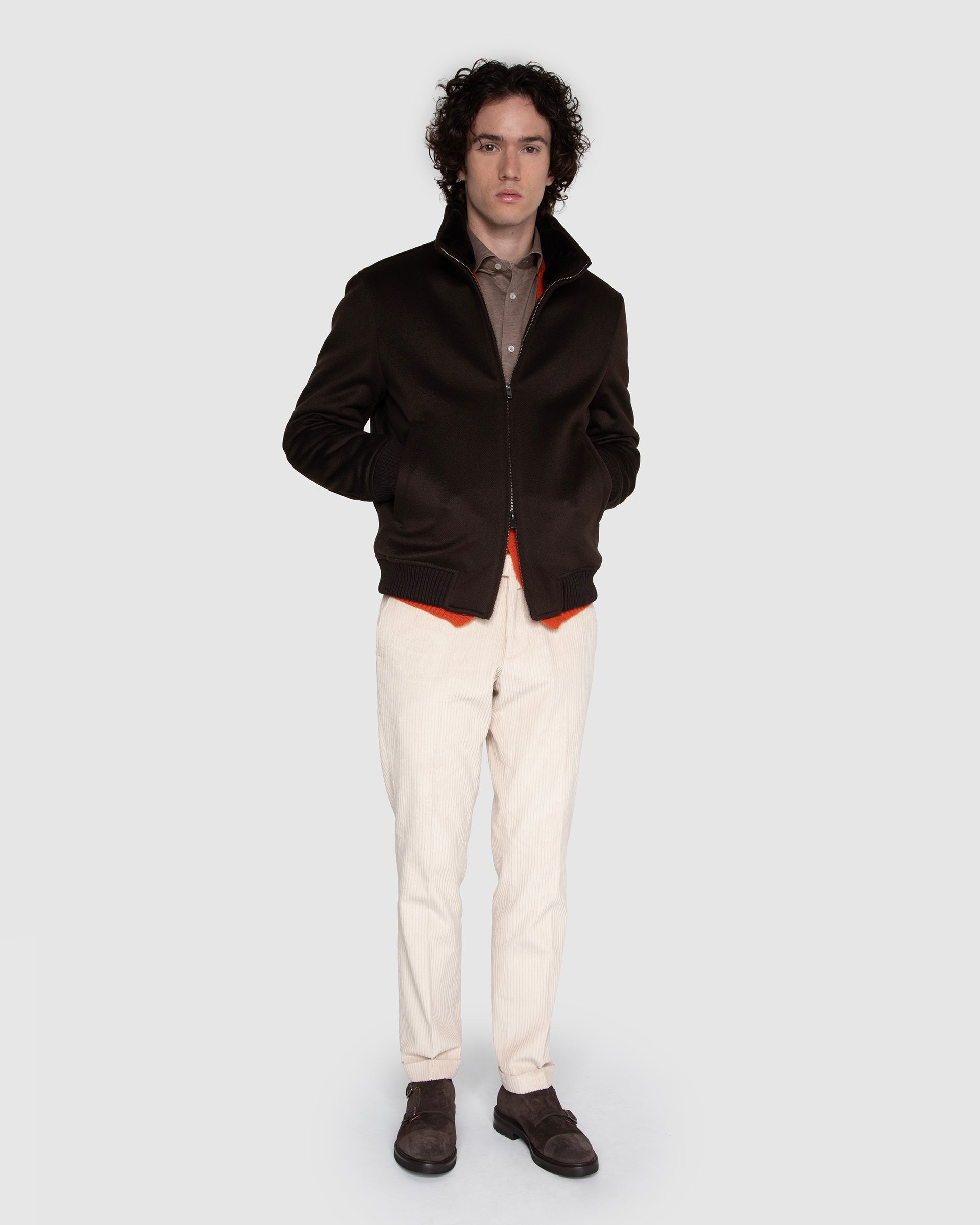 Giubbotto marrone in puro cashmere Breschi con collo in pelliccia removibile
