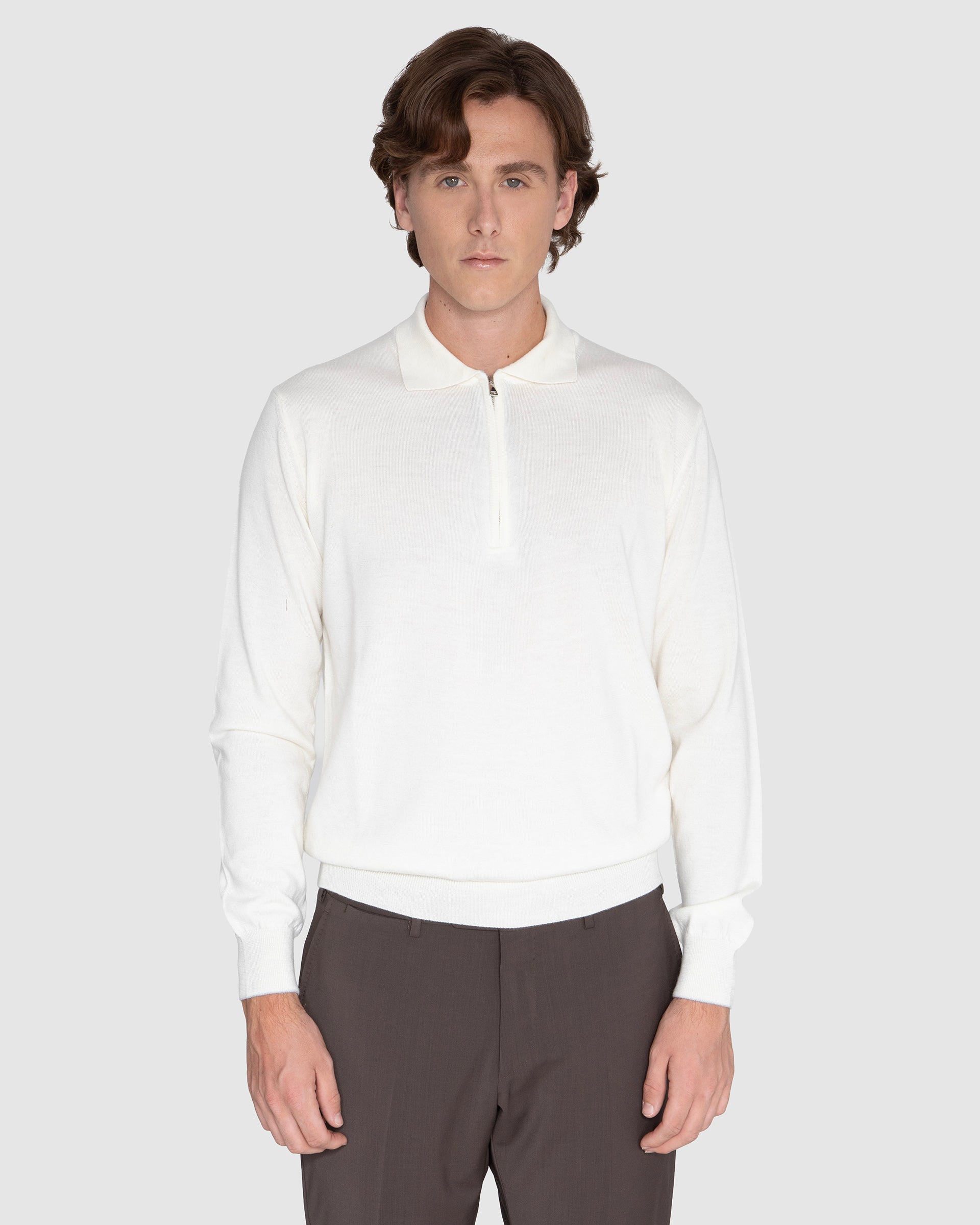 Polo di maglia mezza zip Panna in pura lana Zegna Baruffa
