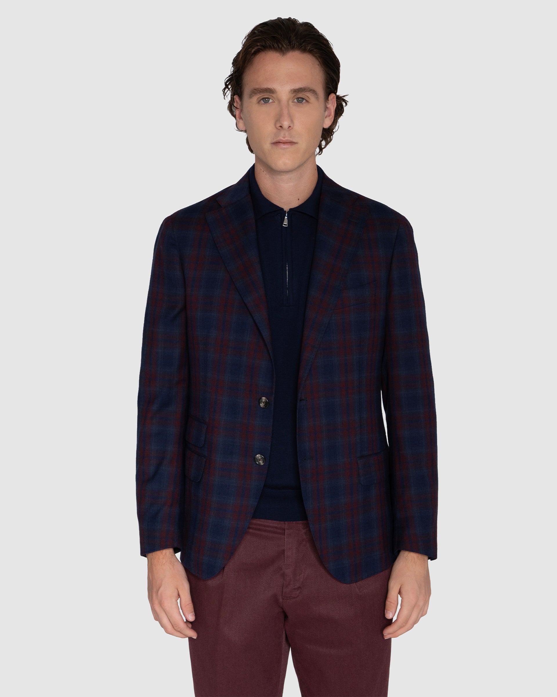 Giacca tartan blu e bordeaux in pura lana tessuto Reda Active