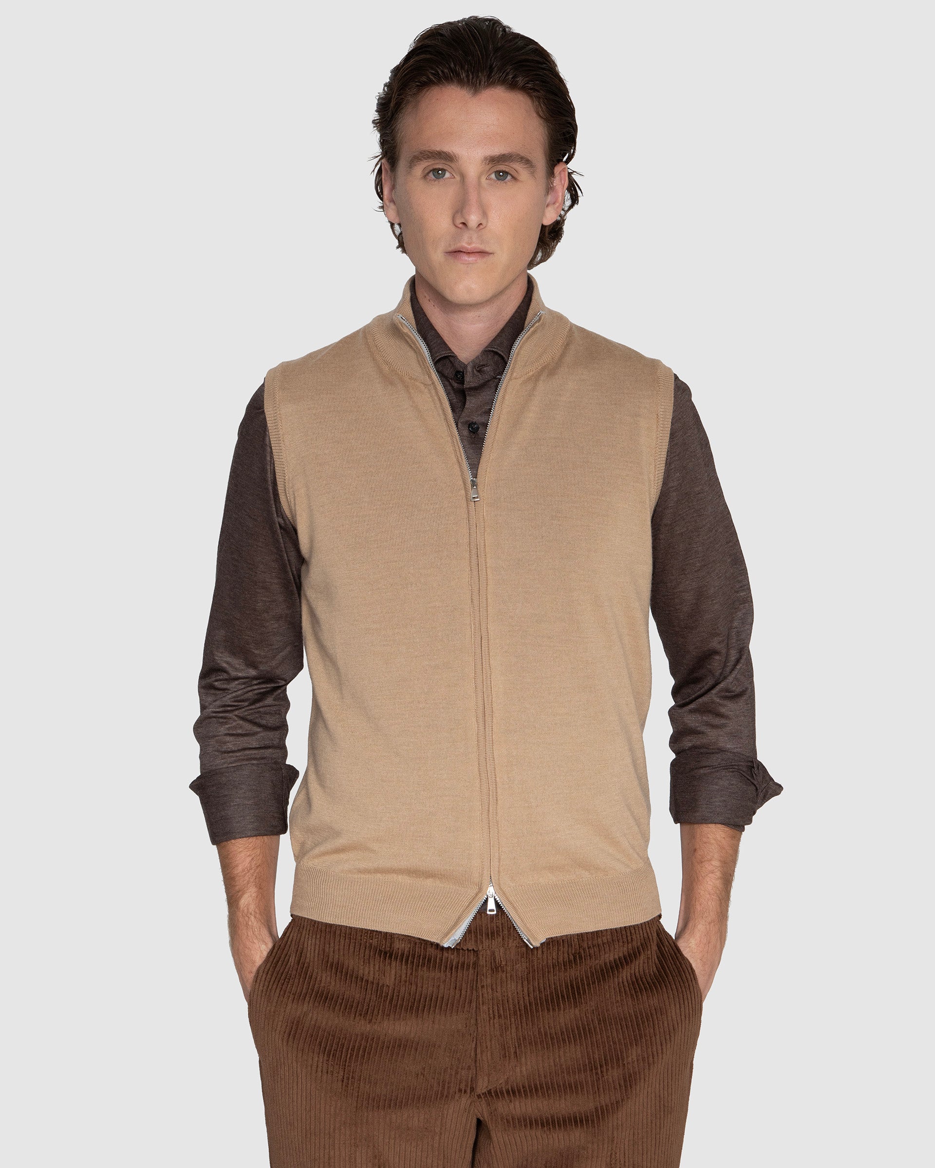 Gilet Full Zip  Beige in lana merinos Zegna Baruffa