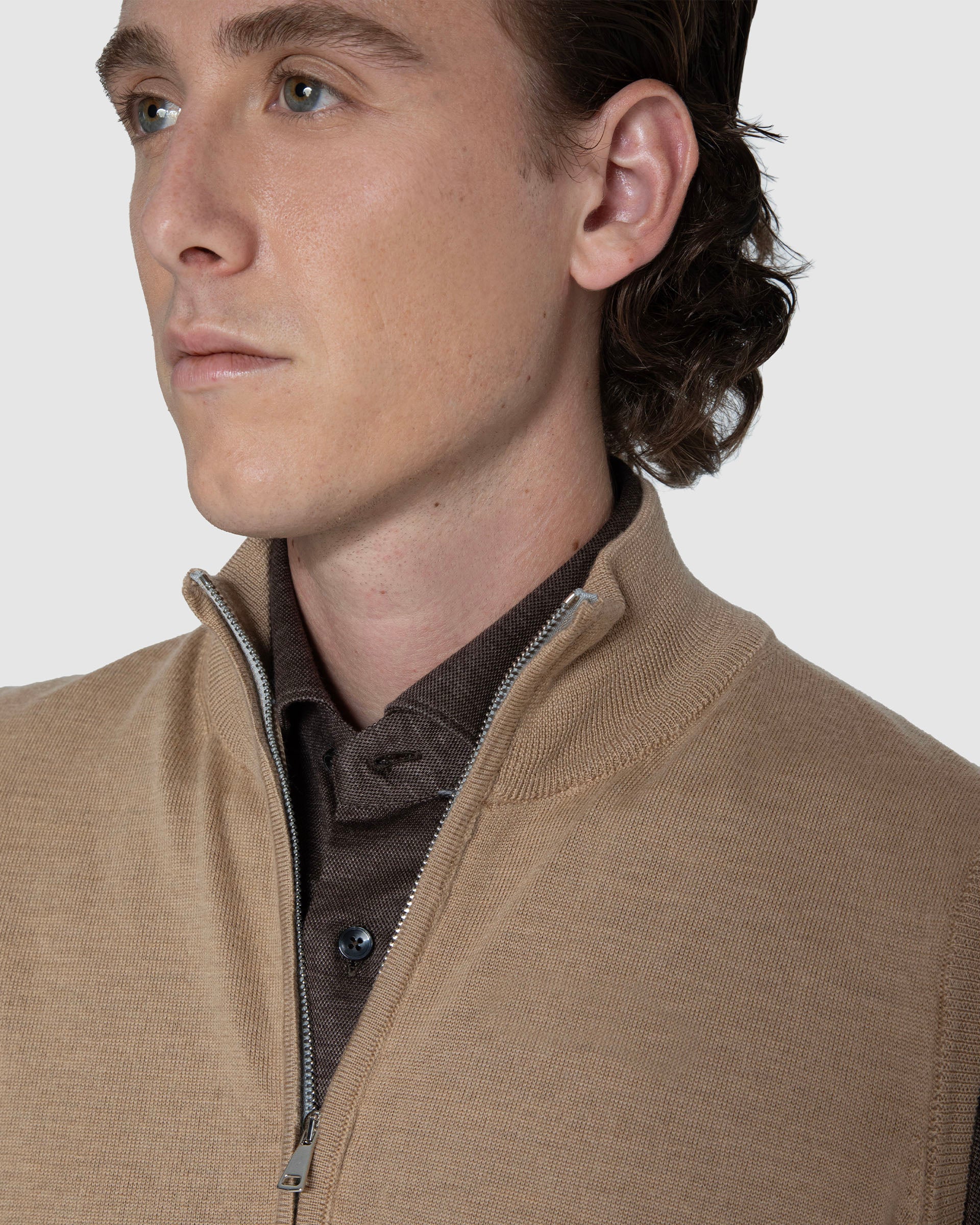 Gilet Full Zip  Beige in lana merinos Zegna Baruffa
