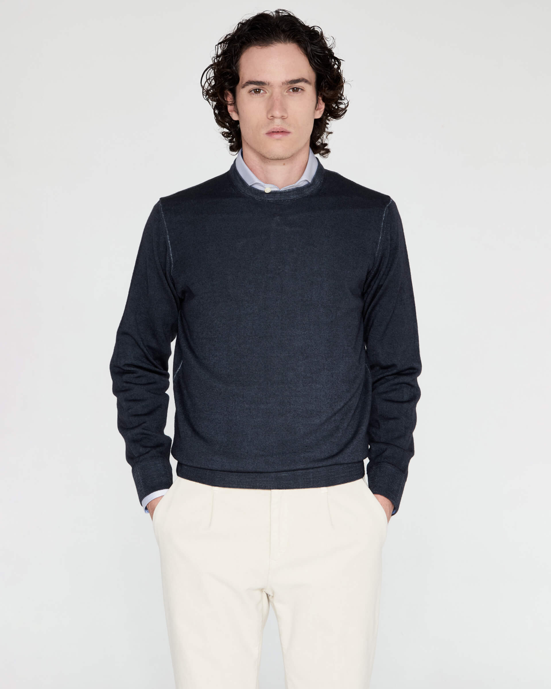 Girocollo  Blu in lana merinos extrafine fade finezza 12