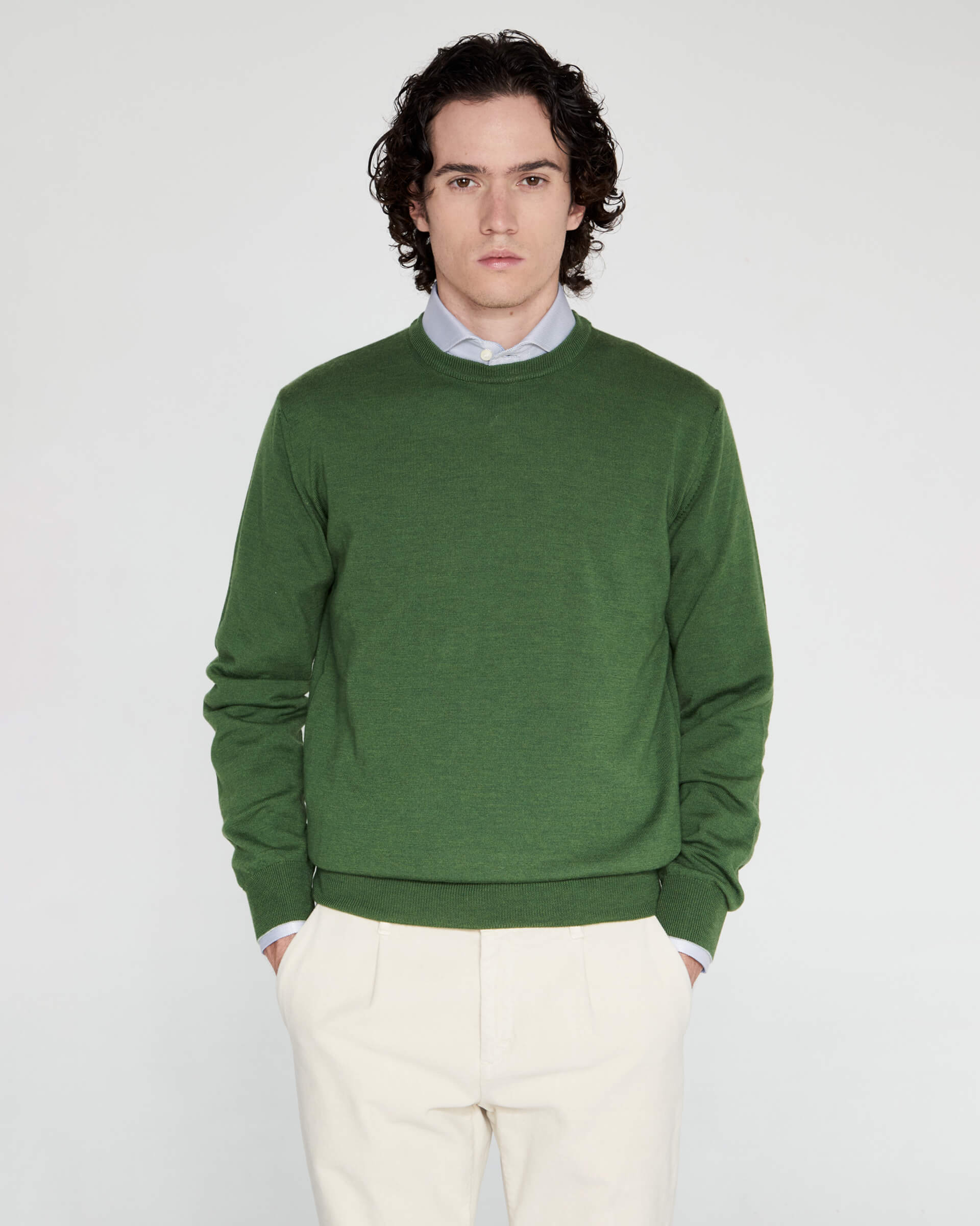 Girocollo Verde in Lana Merinos Zegna Baruffa