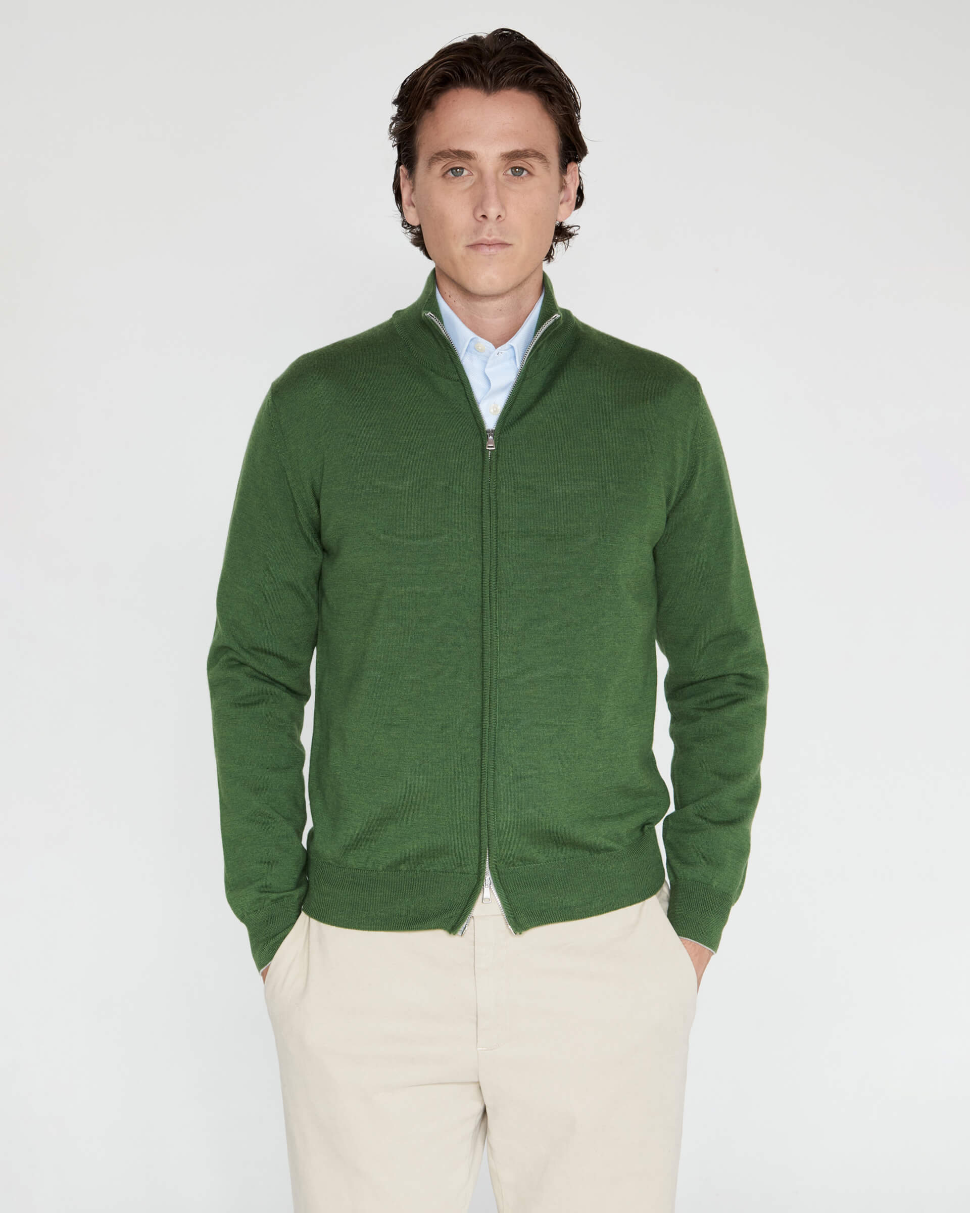 Full Zip Verde in pura Lana Merinos Zegna Baruffa