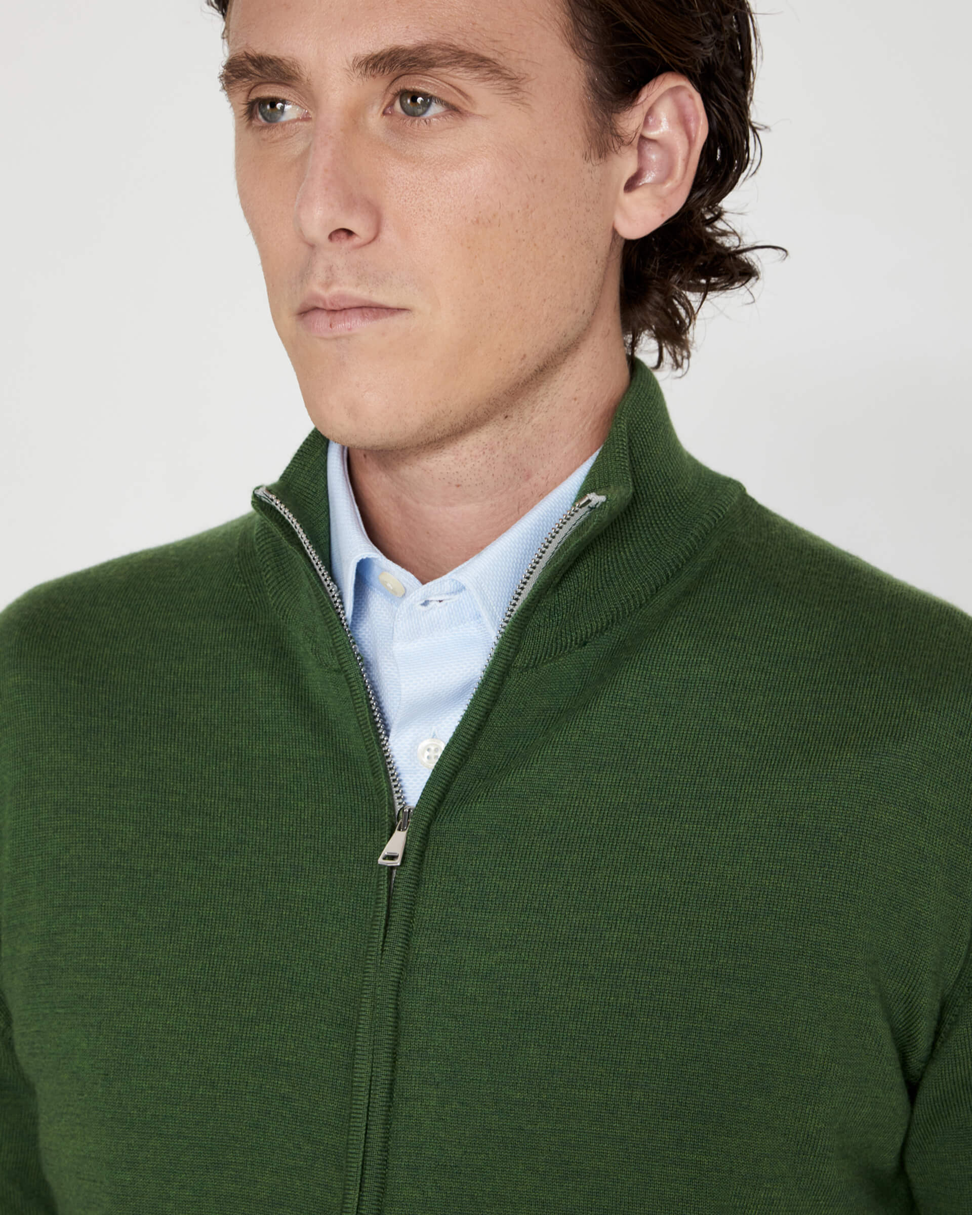 Full Zip Verde in pura Lana Merinos Zegna Baruffa