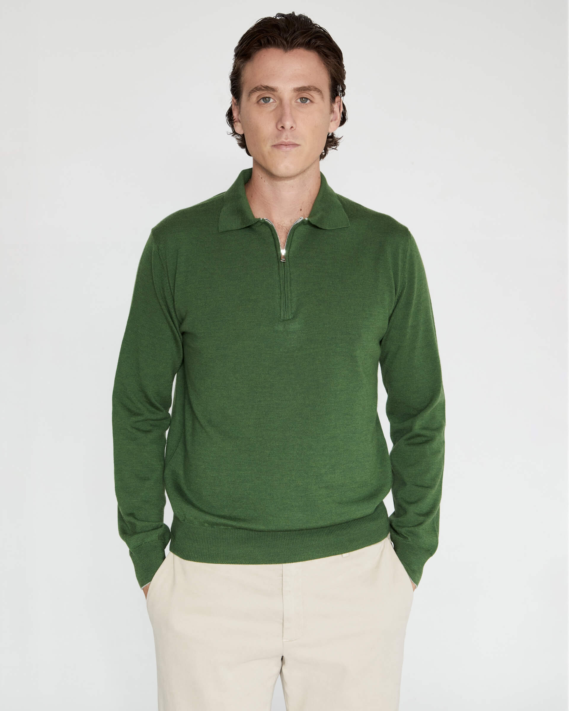 Polo di maglia mezza zip Verde in pura lana Zegna Baruffa