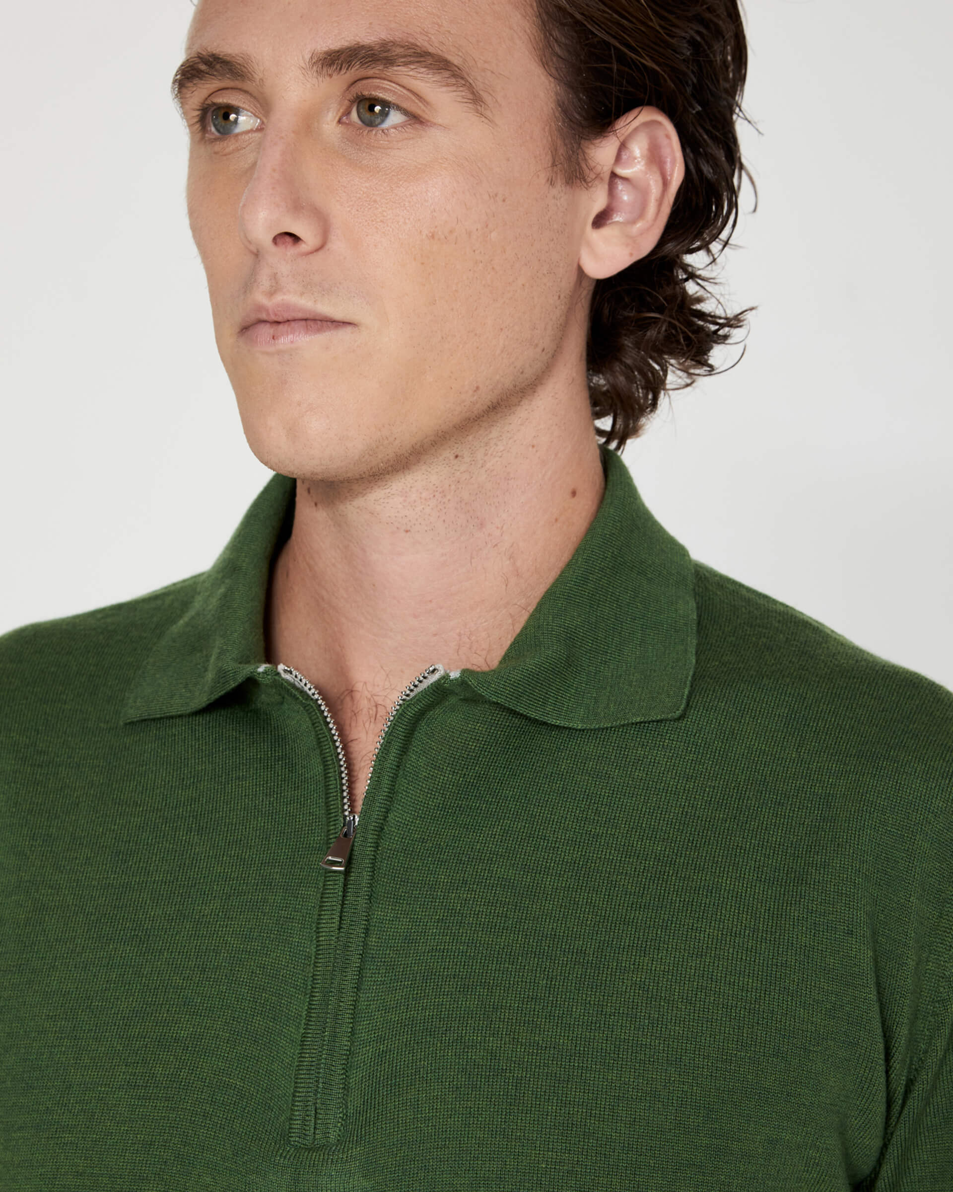 Polo di maglia mezza zip Verde in pura lana Zegna Baruffa