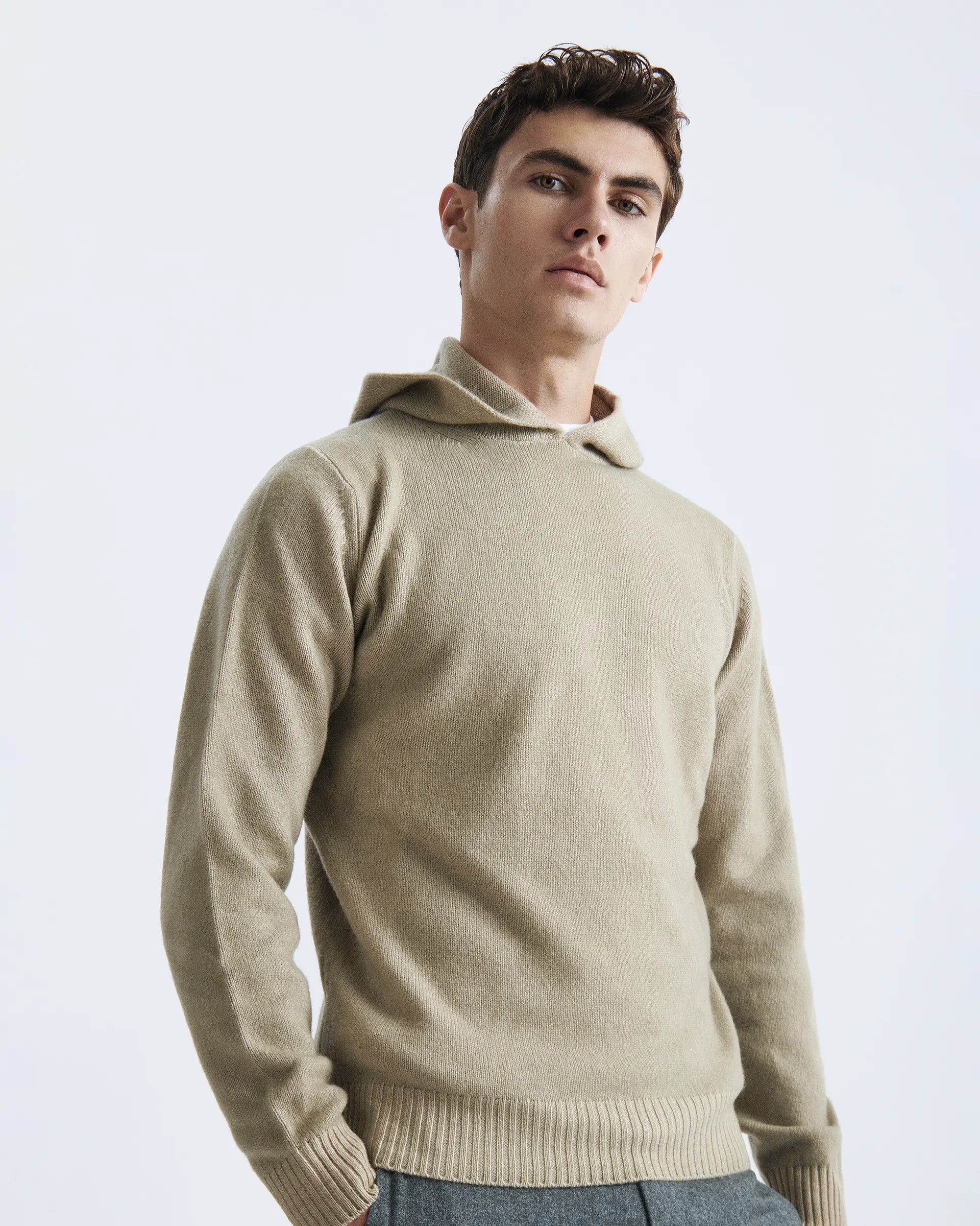 Beige wool and cashmere sweatshirt with hood, gauge 7