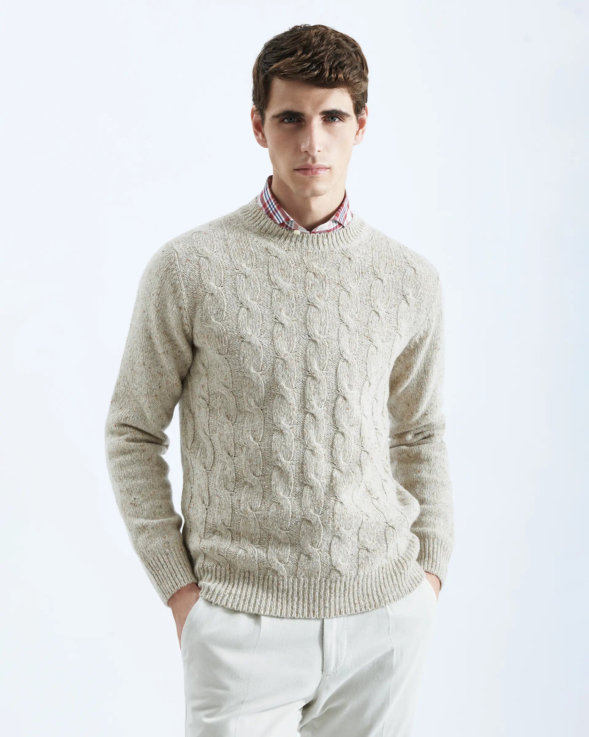Beige wool blend braided crewneck with buttoned effect