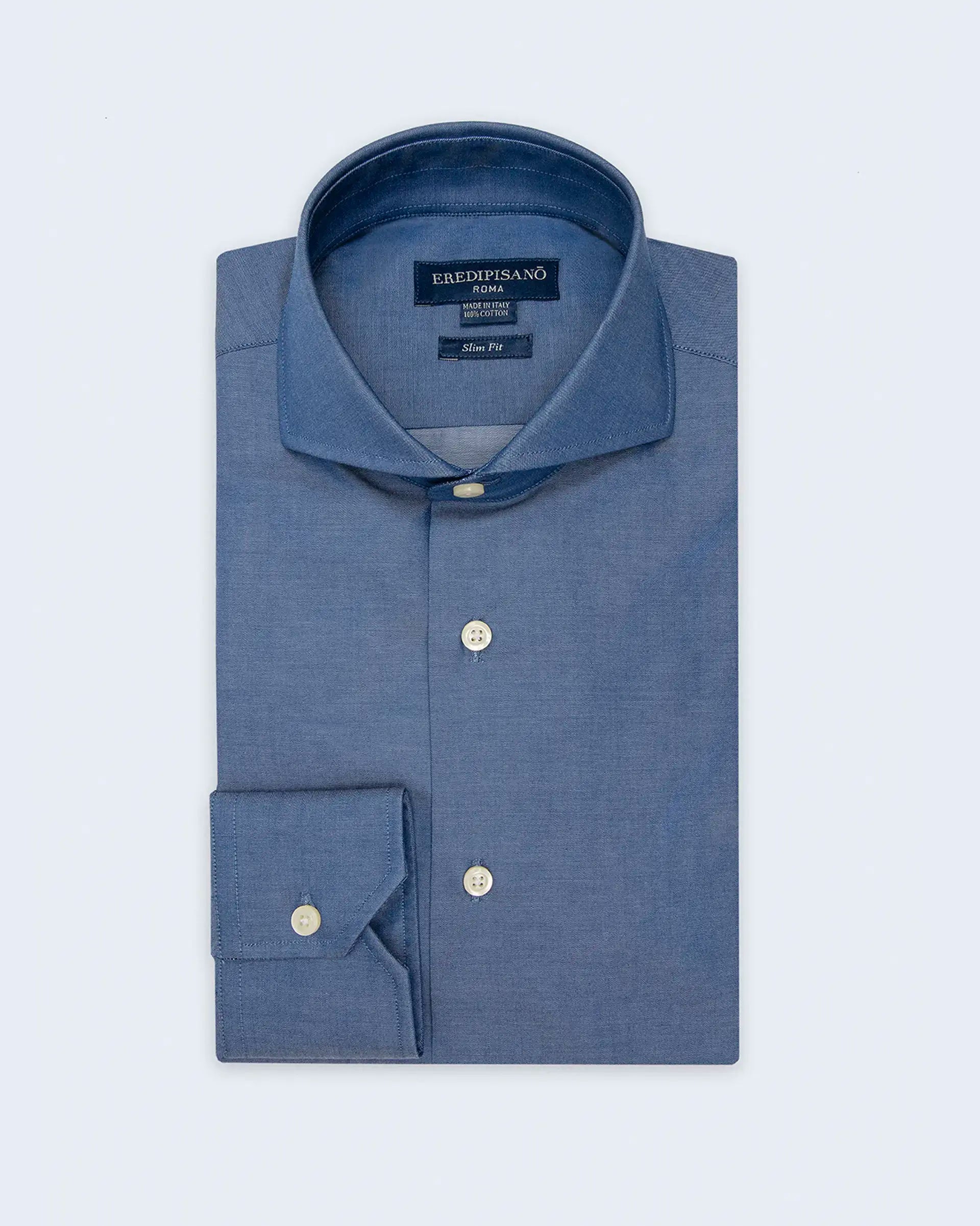 Blue shirt in slim fit cotton twill with Venice collar