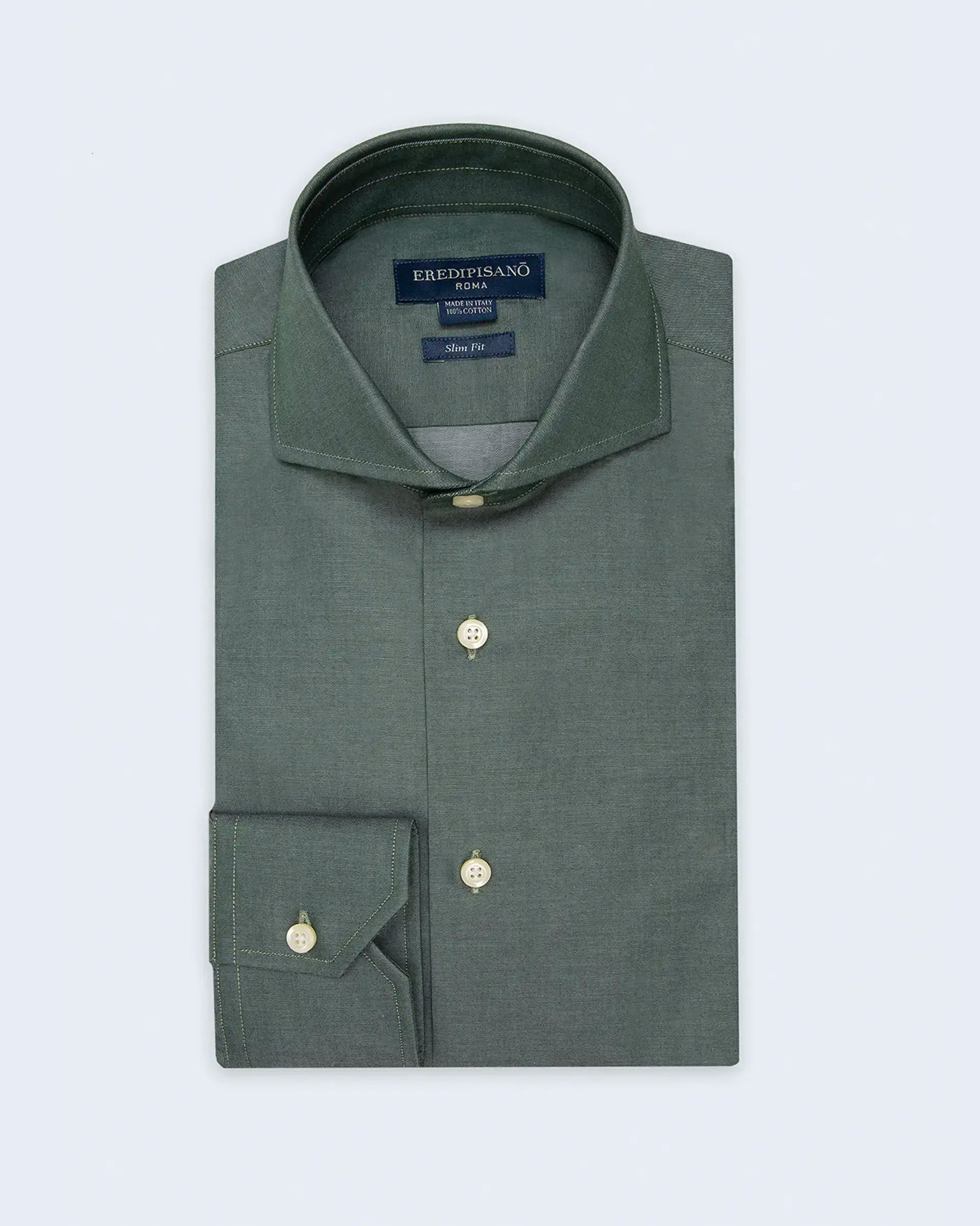 Military green shirt in slim fit cotton twill with Venice collar